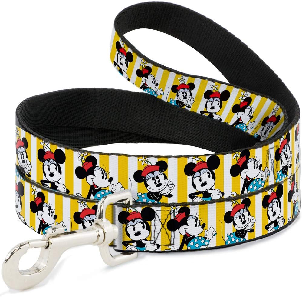Buckle-Down Pet Leash - Minnie Mouse w/Hat Poses Stripe Yellow/White - 4 Feet Long - 1.5" Wide
