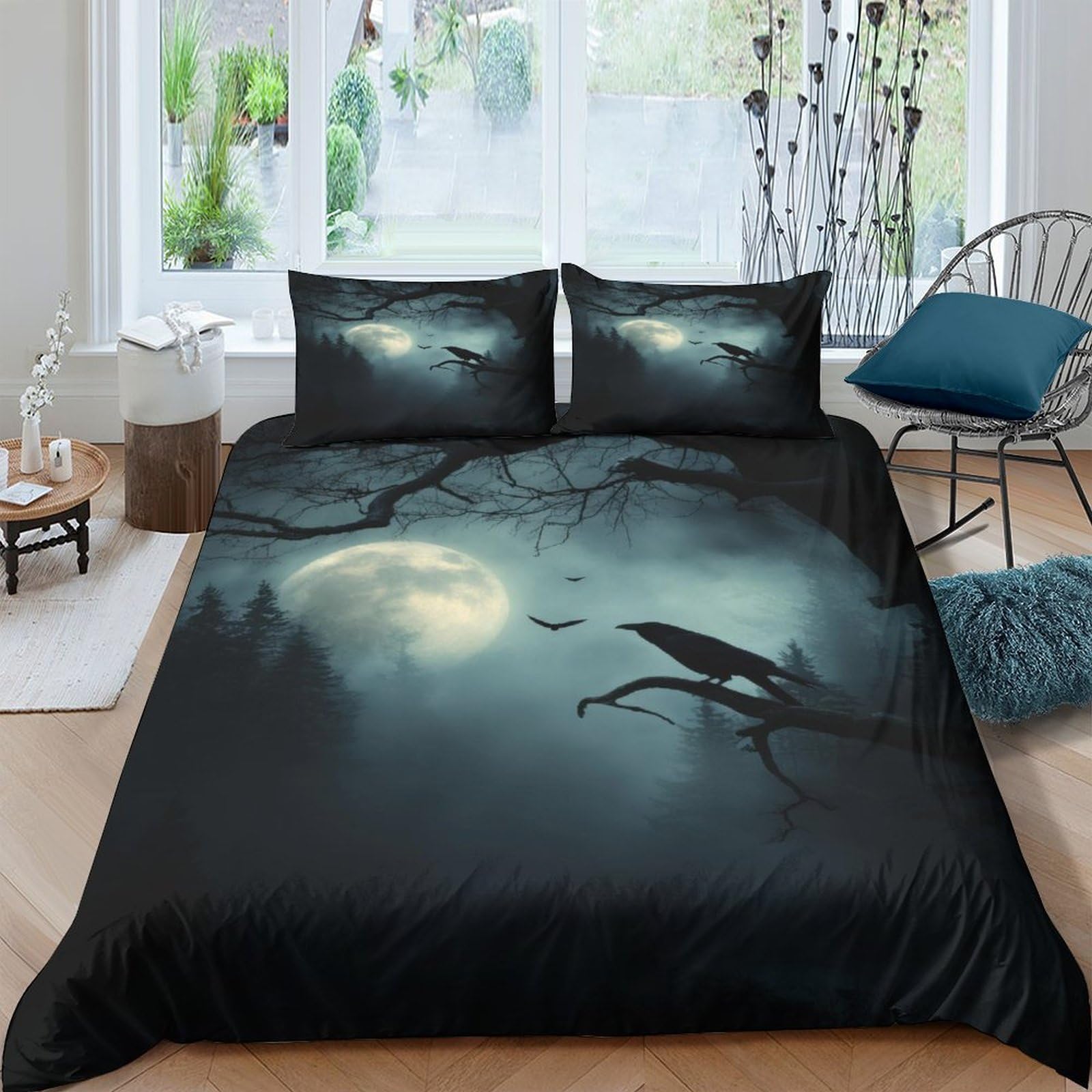 Ctjqhvkz Style-1 3D Printed Moonlit Forest Fitted Sheet Microfiber Soft Black Night Bat Mattress Cover Bedroom Decor Single（135X200cm）