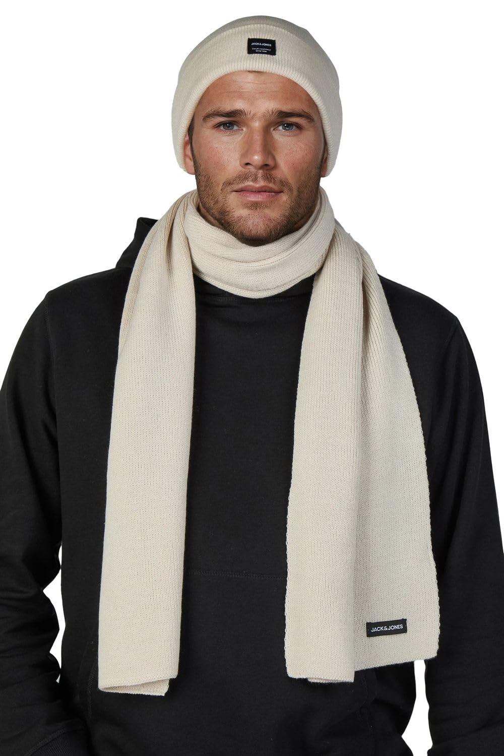 Jack & Jones Muts en sjaal set voor heren 2-in-1 winterset beanie wintermuts wintersjaal zwart blauw grijs beige, maanbeam, Eén maat