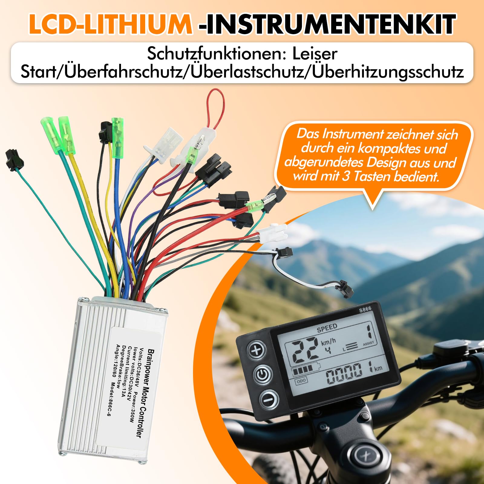 E-Bike Brushless Motor Controller Kit, 36V 48V 350W Bürstenloser Motor Controller mit wasserdichte S866 LCD Display, für Elektrofahrrad Elektroroller