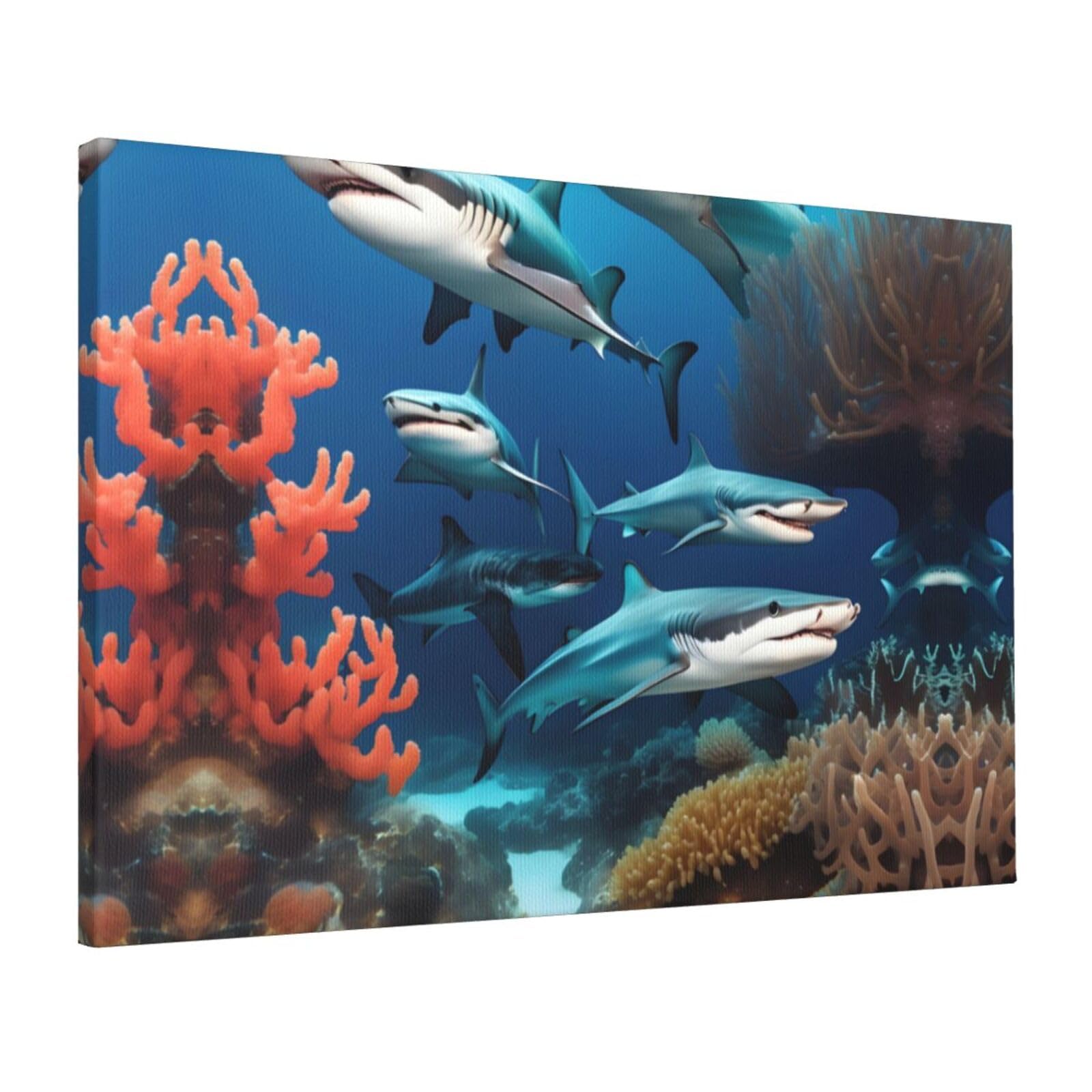 CNTDBU Submarine shark coral Canvas Wall Art 16x24 Inch-Large Modern Painting Print for Living Room, Framed Ready to Hang Artwork for Bedroom