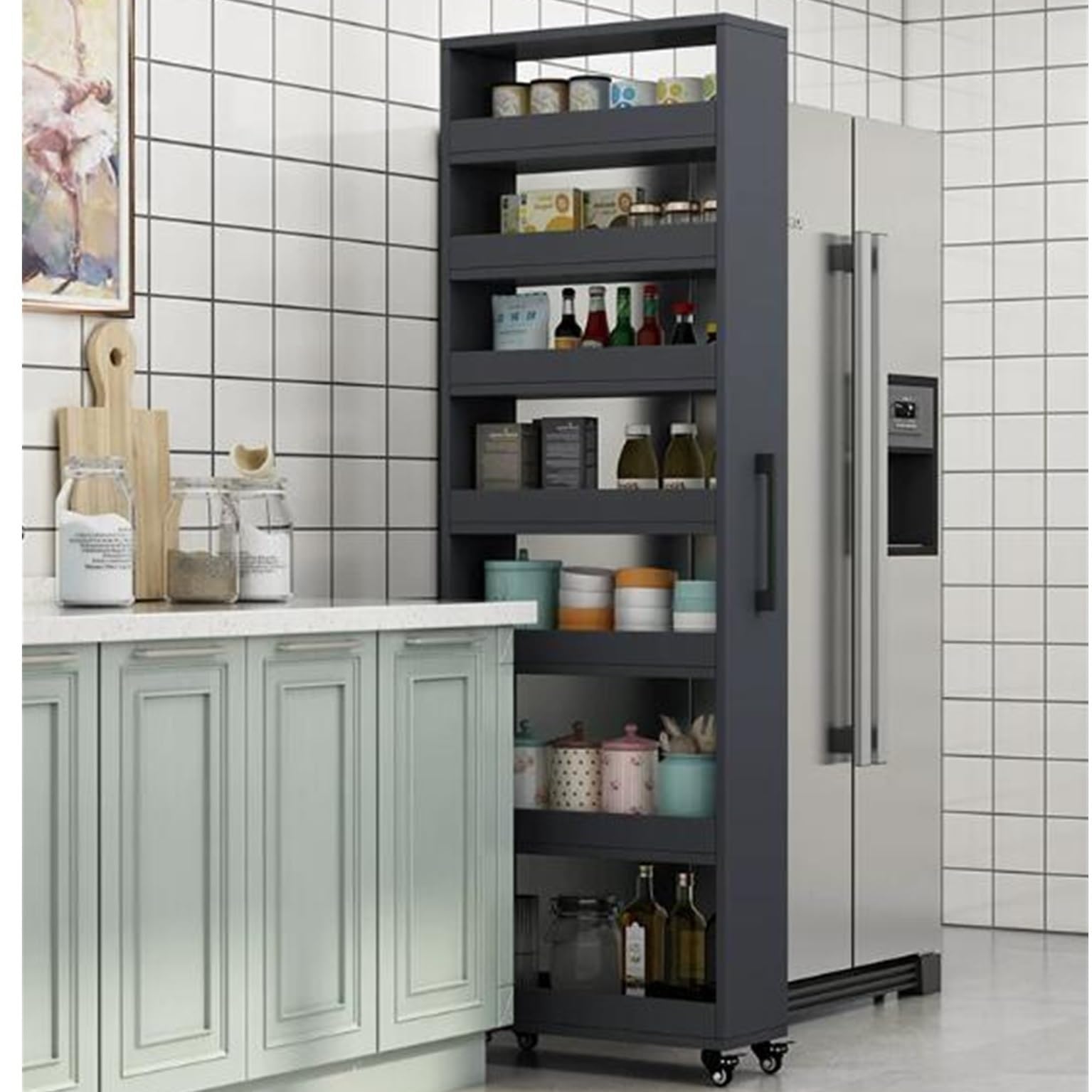 Mobiletto Stretto Salvaspazio su Ruote - 25x45x184cm Grigio Scuro, Estraibile Carrello da Cucina, Scaffale in Legno, Libreria Aperta per Soggiorno e Bagno, Maniglia Inclusa