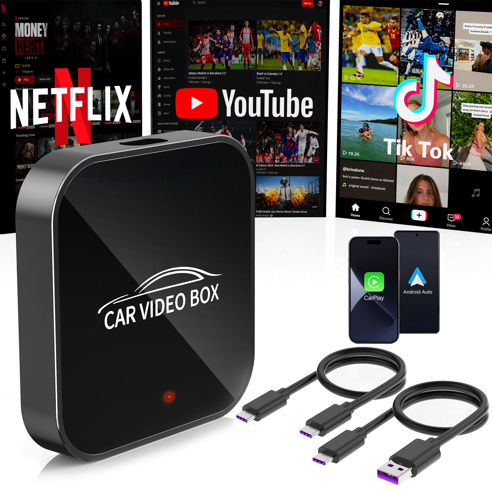 3-in-1 Magic Video Box – Wireless CarPlay & Android Auto Adapter con Netflix, YouTube, TikTok, supporto scheda TF, aggiornamento wireless, CarPlay AI Box a bassa latenza per veicoli dal 2016