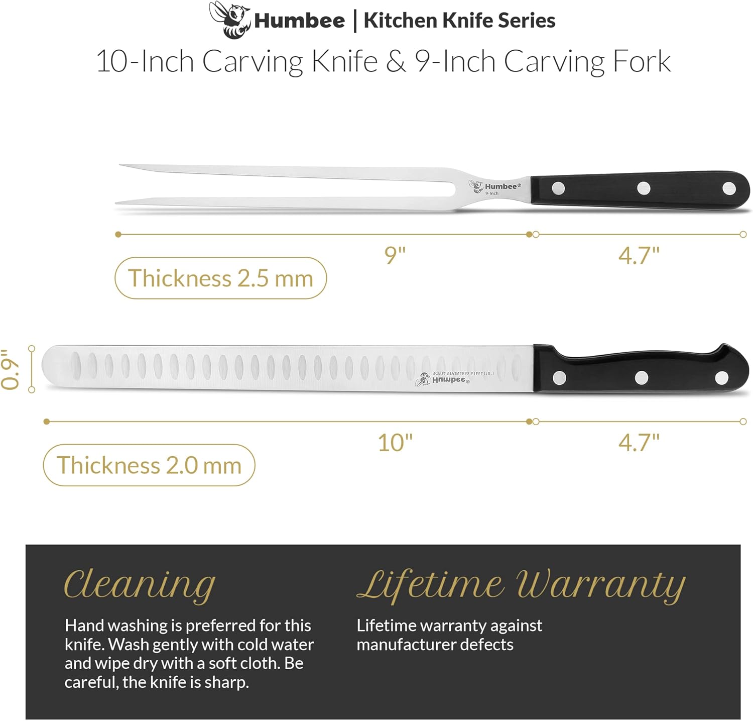 HUMBEE Chef 10 Inch Meat Carving Knife with Fork, Granton Edge - Full Tang & Razor Sharp - for Cutting Smoked Brisket, BBQ Meat, Turkey: Home & Kitchen