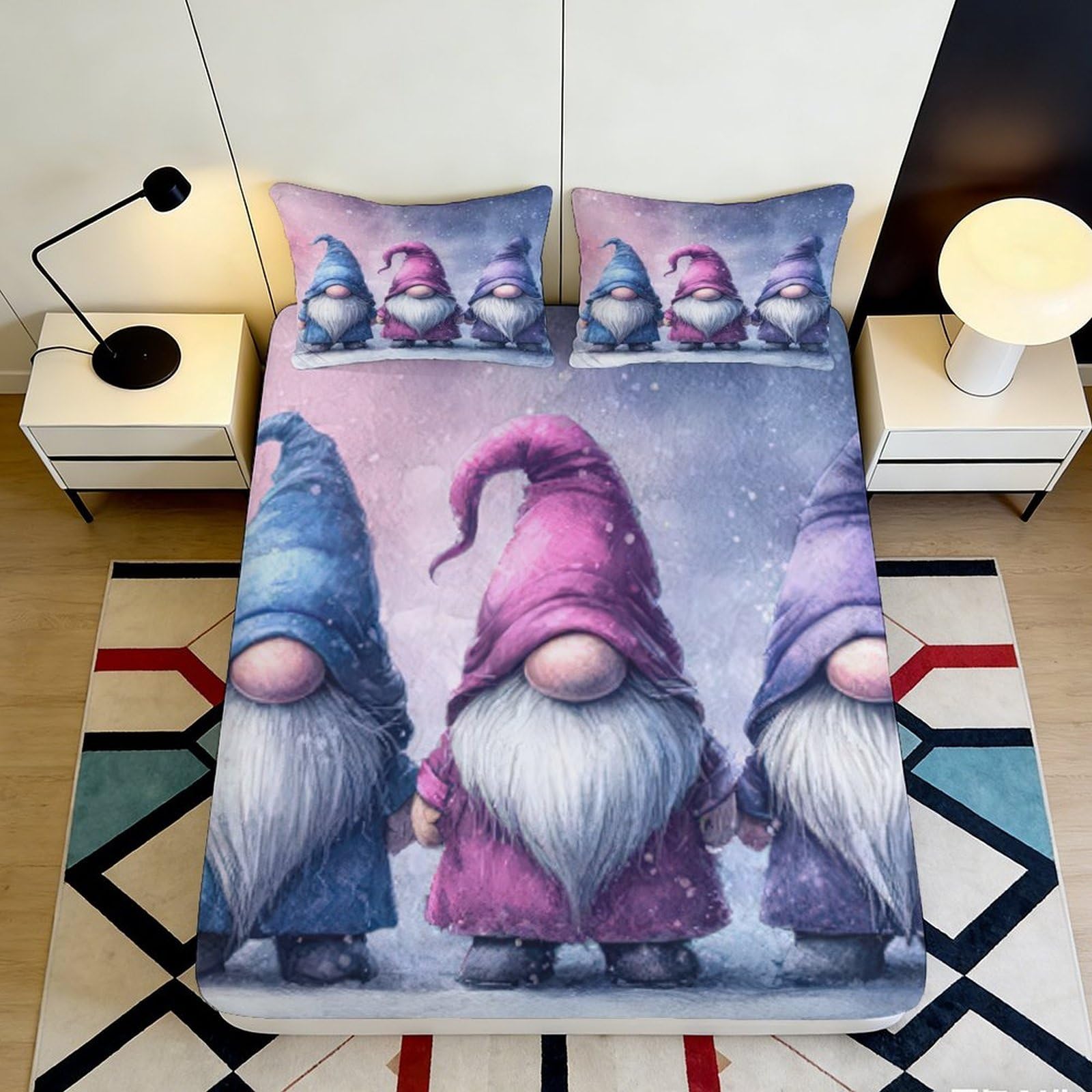 3D Printed Gnome Pattern Fitted Sheet Microfiber Soft Durable Winter Theme Bed Cover for Bedroom Dormitory Guest Room Mattress Protection 120x200x25cm