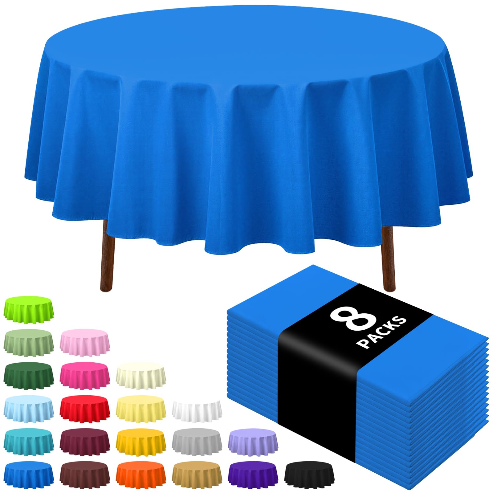 CXPSINC 8 Pack Premium Disposable Plastic Tablecloth 84" Round Table Cover for Birthdays Weddings Christmas Anniversary (Blue)