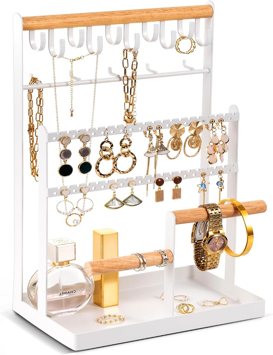 ProCase Soporte organizador de joyas, organizador de collares, soporte para pendientes, soporte para joyas de 6 niveles, soporte para collares con 15 ganchos, estante de exhibición de torre de joyería, árbol de almacenamiento para pulseras, pendientes, anillos, color blanco