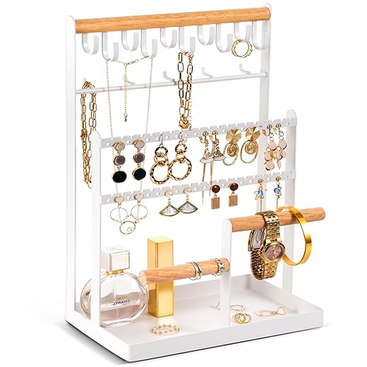ProCase Jewelry Holder Organizer Necklace Stand Christmas Gifts for Women Girls, 6 Tier Jewelry Stand Necklace Rack with 15 Hooks, Jewelry Tree Storage Tower for Bracelets Earrings Rings -White
