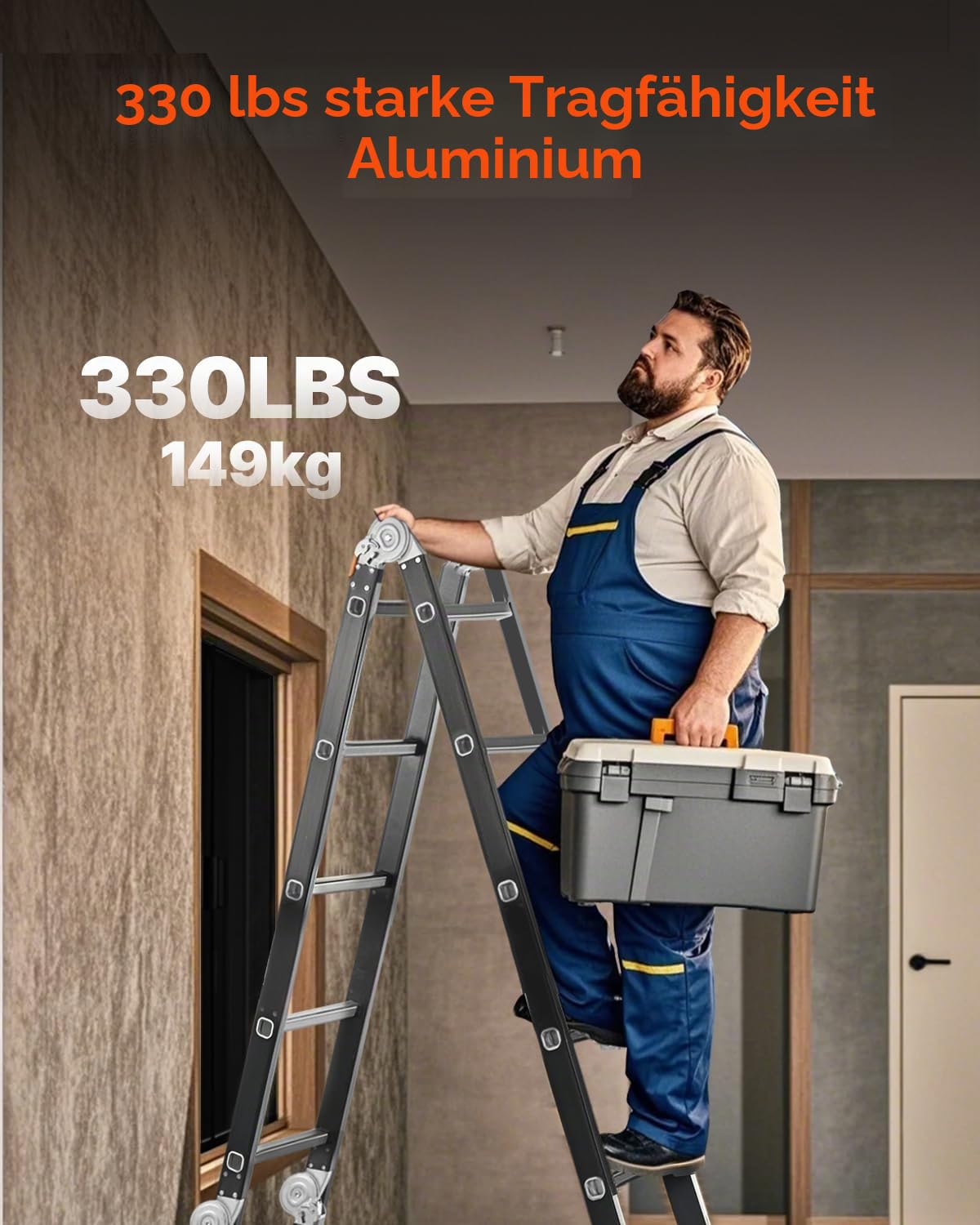 VEVOR Mehrzweckleiter, 7-in-1-Multifunktionsleiter, A-Rahmen mit 4 Stufen und Gerüstbrett, Teleskopleiter, Leitergerüst 4650 mm, strapazierfähig, 150 kg Tragkraft, für den Außenbereich