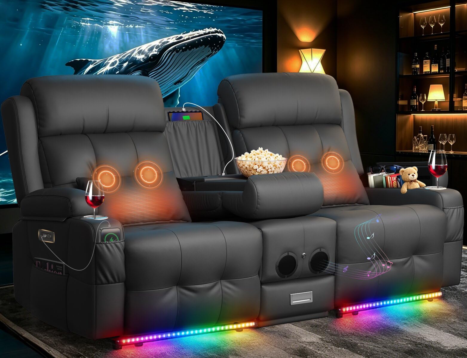 Home Theater Seating, Power Loveseat Recliner Sofa with Massage &amp; Heat