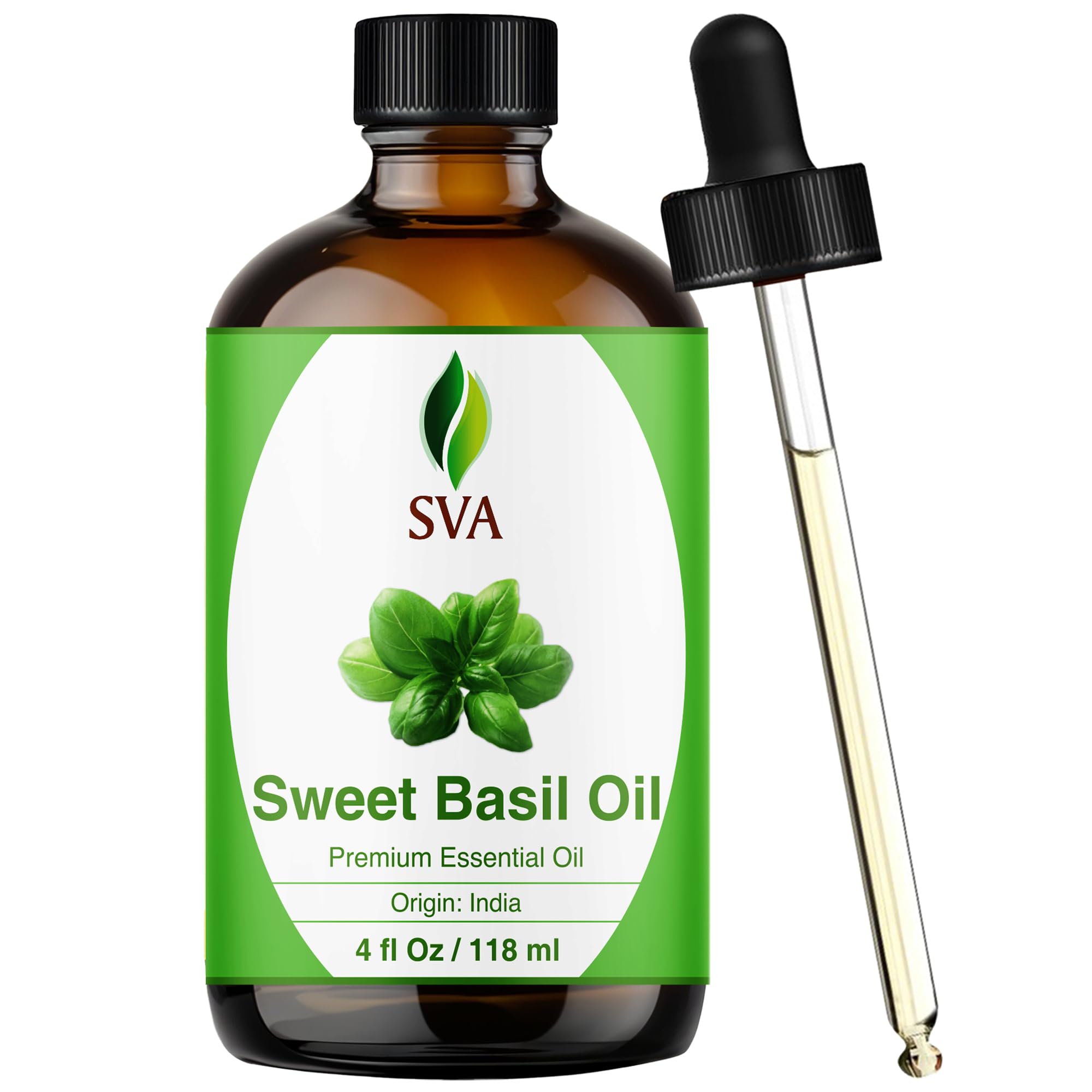 SVA Sweet Basil Essential Oil – 4 Fl Oz – 100% Natural Basil Oil - for Diffuser, Hair Care, Face, Skin Care, Aromatherapy, Scalp and Body Massage, Soap and Candle Making – with Dropper