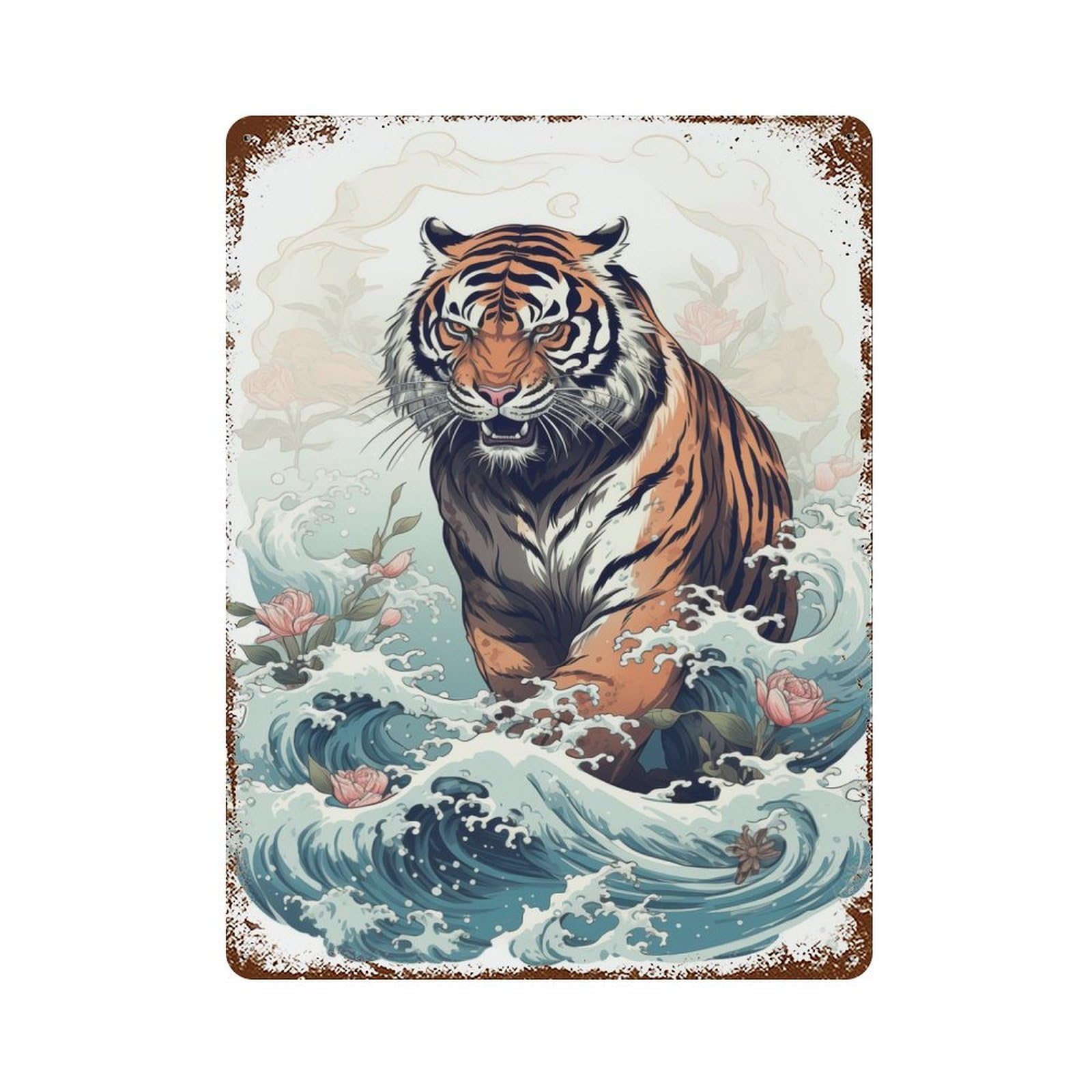 Lion In The Great Wave Rusty Metal Tin Sign 15.7"x11.8", Industrial Home Decor for Garage, Pub Or Kitchen