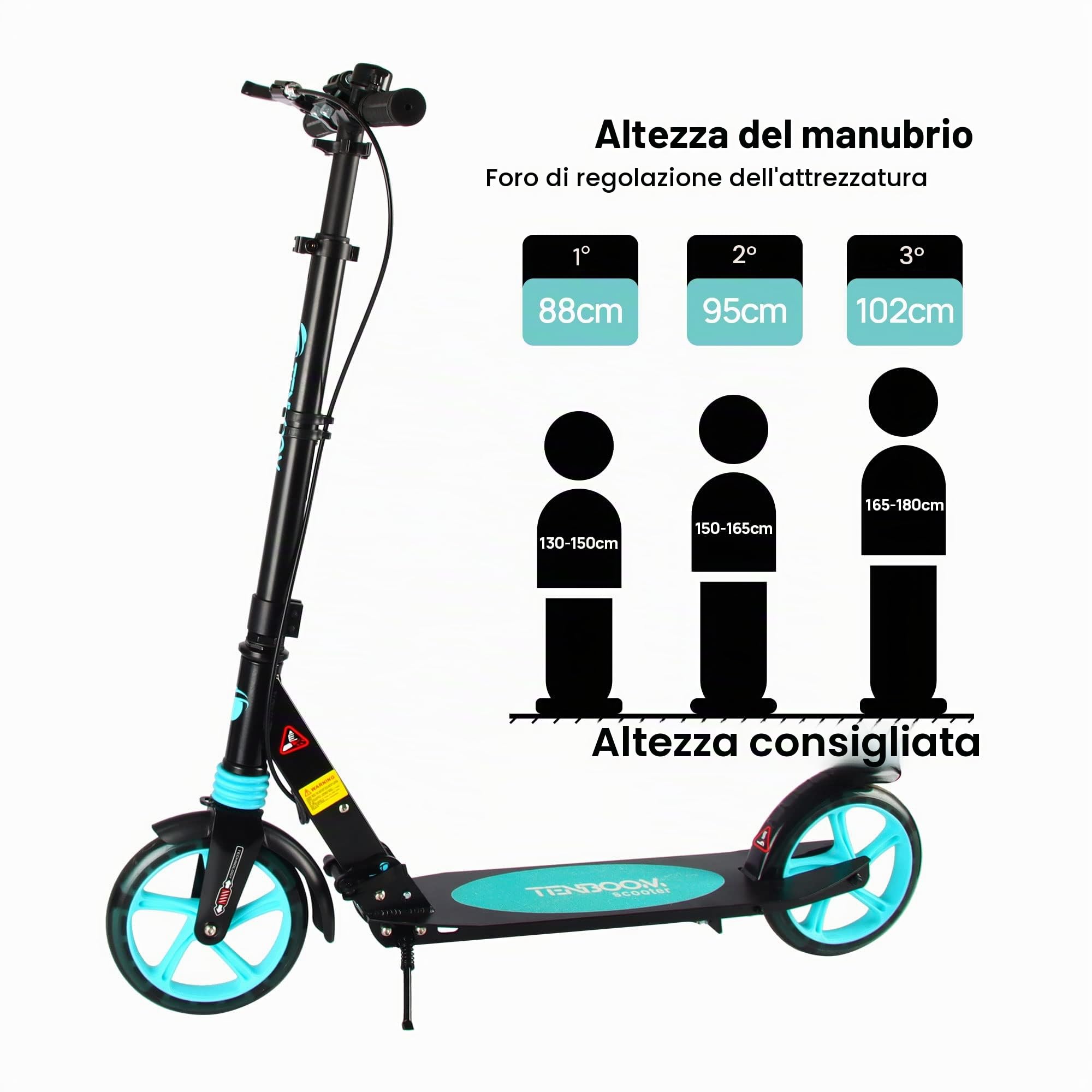 TENBOOM Kickscooter a disco in alluminio pieghevole, altezza regolabile per bambini 8 anni e risvegliati con freno a mano e campana, sistema a doppia sospensione