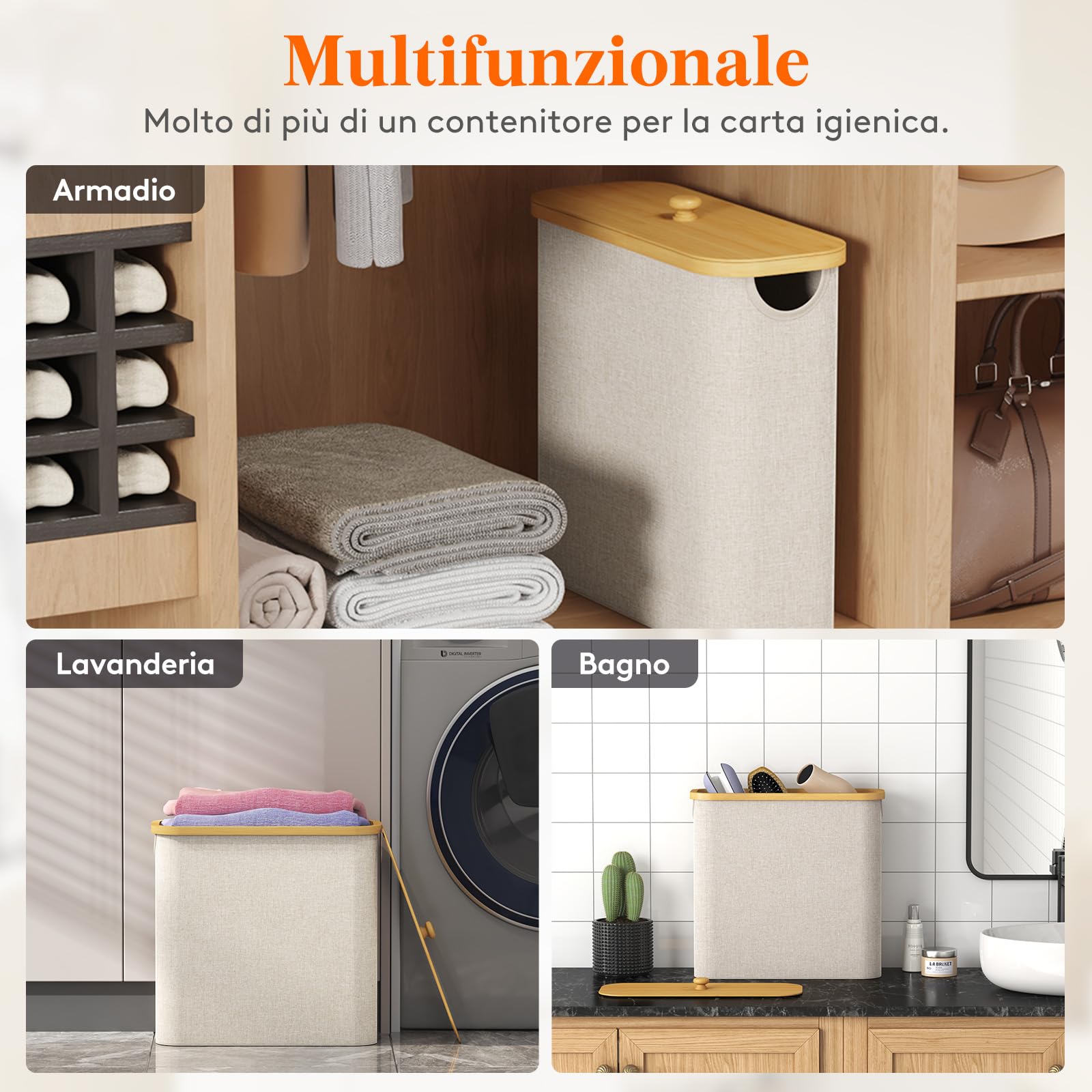 Lifewit Contenitore Carta Igienica, Cesto Porta Carta Igienica, Portarotoli Carta Igienica Scorta con Coperchio in Bambù, Organizer Bagno, Cestino Portaoggetti, Scatola, 30L, Beige