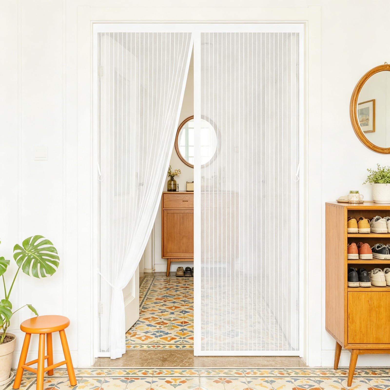 Magnetic Fly Screen for Doors 210 x 166 cm with Powerful Magnets and Full Frame Adhesive Strips, Hands-Free Closing Insect Protection Door for Front Doors, Sliding, White