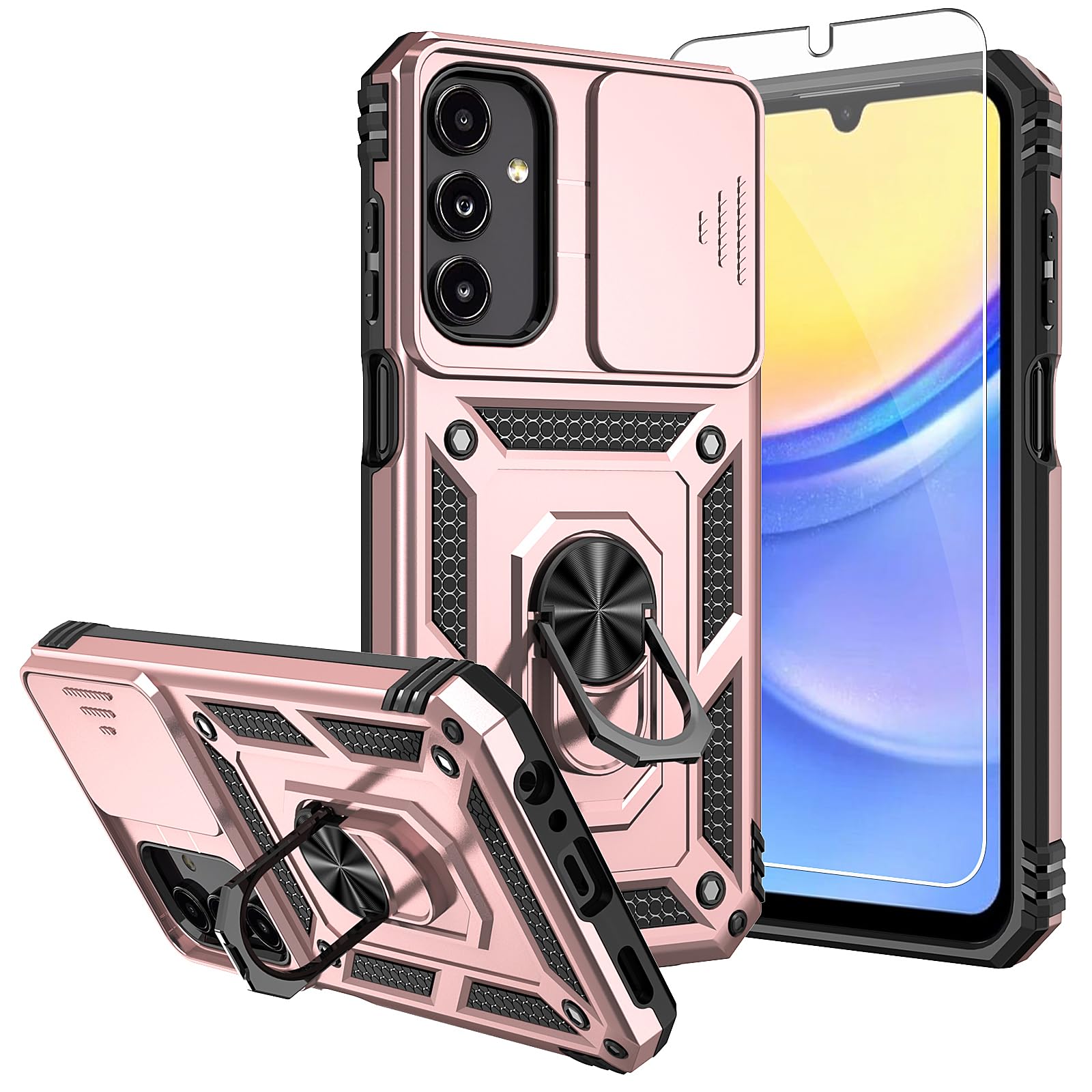for Galaxy A15 5G Case,with Screen Protectors and Camera Cover,[Military Grade] 16ft.Drop Tested Cover with Magnetic Kickstand Protective Case for