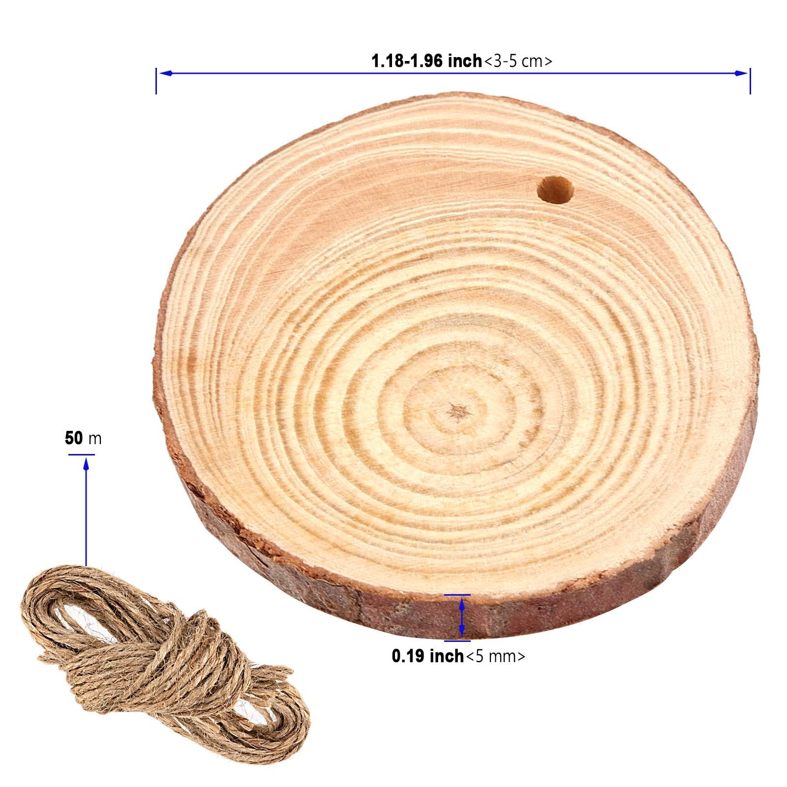 KOHAND 180 Pack Natural Wood Slices, 3-5cm Unfinished Wooden Slices with Holes and 50m Jute Twine - Image 2