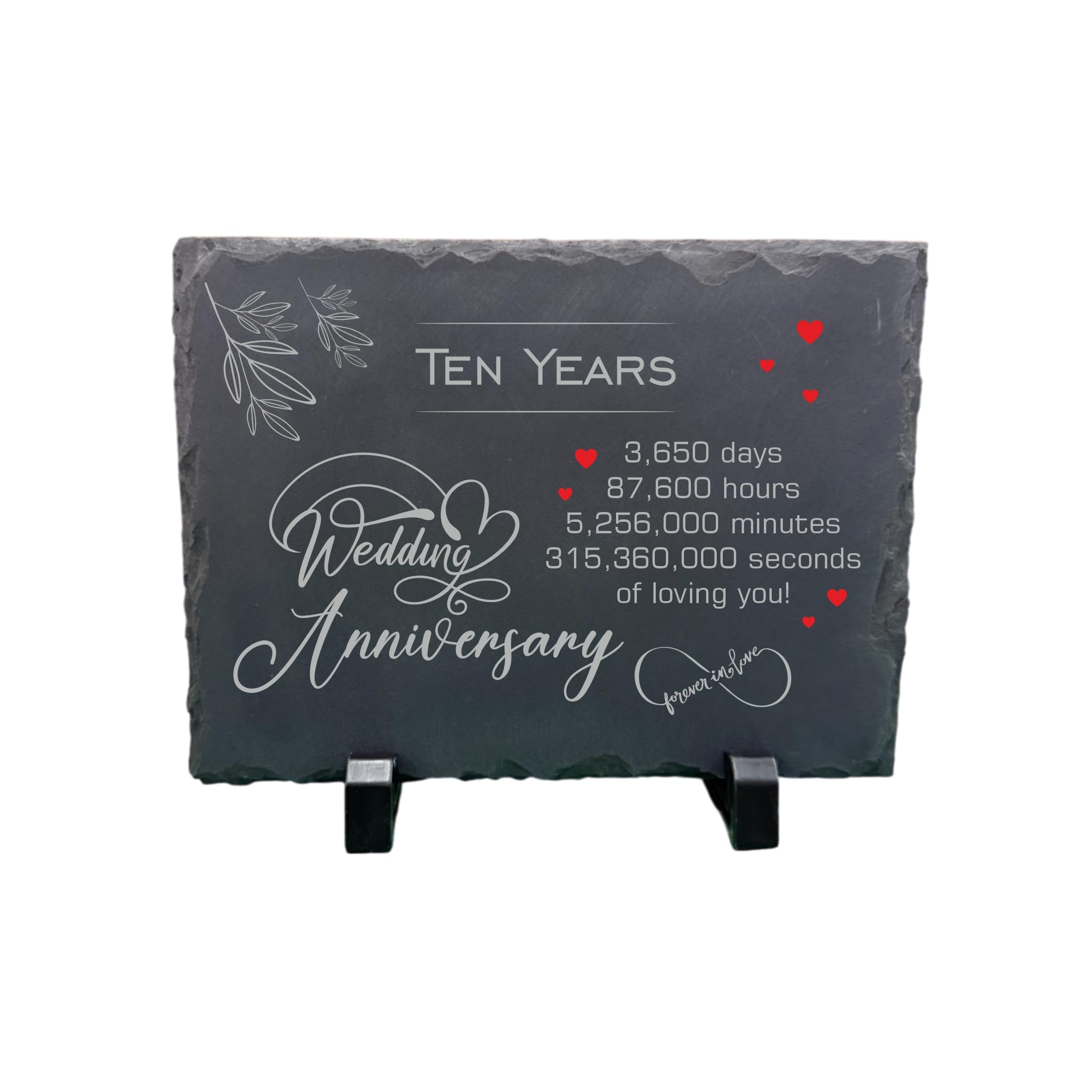 10th Wedding Anniversary Slate – Handcrafted Natural Stone Plaque with Stand – Romantic Tenth Year Keepsake – 3,650 Days of Love – Forever in Love Design - 20cm x 15cm