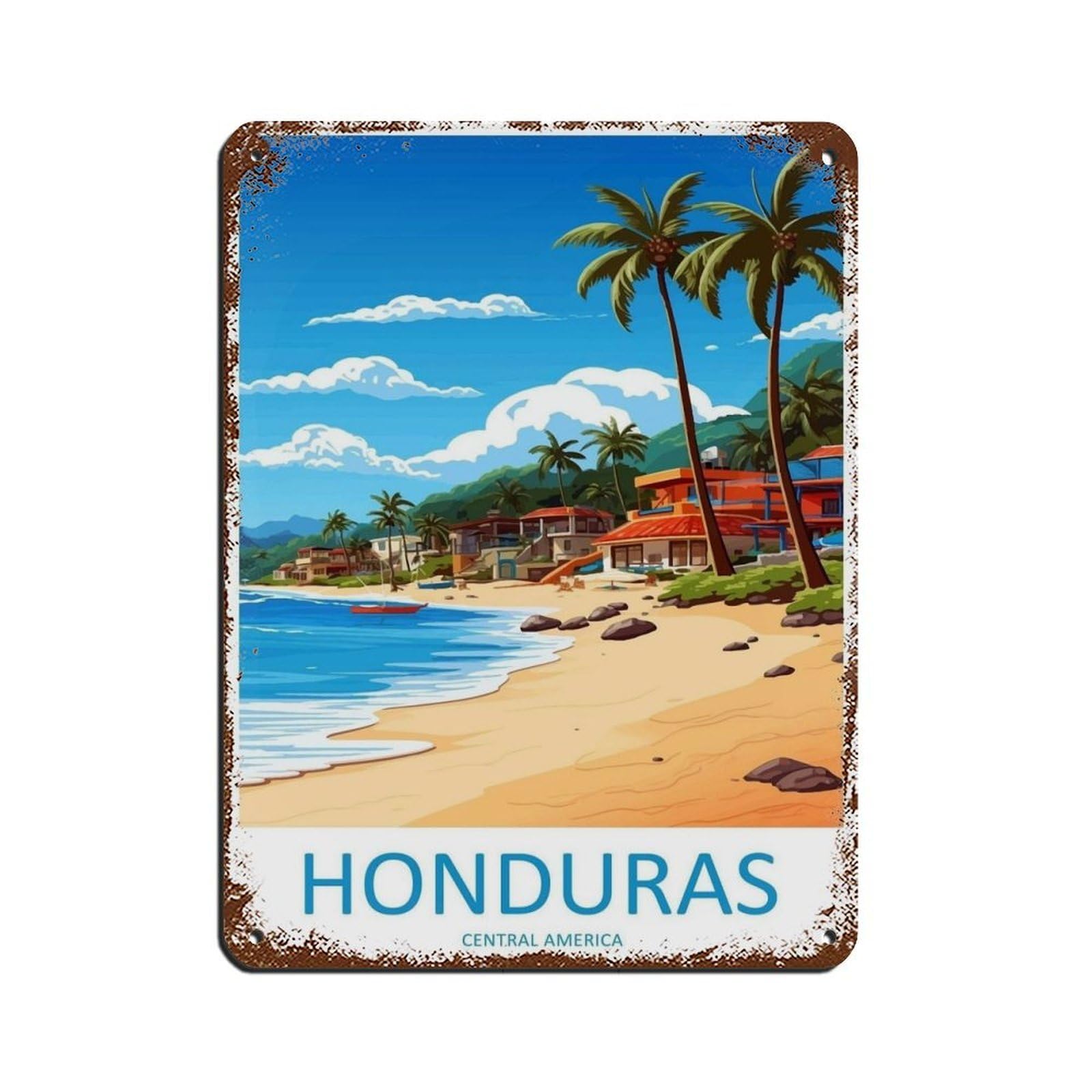 Honduras Travel Art Caribbean Travel (36) Retro Poster Metal Tin Sign Chic Art Retro Iron Painting Bar People Cave Cafe Family Garage Poster Wall Decoration 12x16inch(30x40cm)