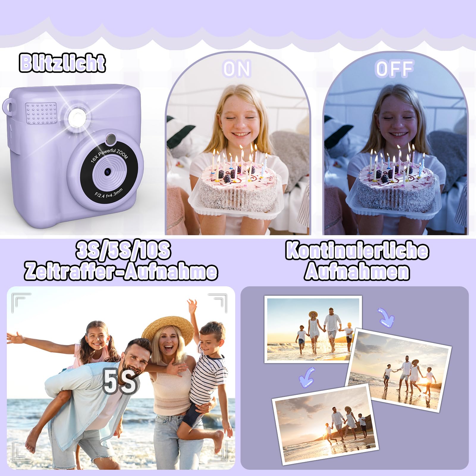 MILFECH Kinderkamera Sofortbildkamera, 1080P 2,4 Zoll Bildschirm DigitalKamera Kinder mit 5 Rollen Druckpapier,32GB Karte, Fotokamera mit 6 Farbigen Stiften,2 Aufkleber Geschenk für Kinder (Lila)