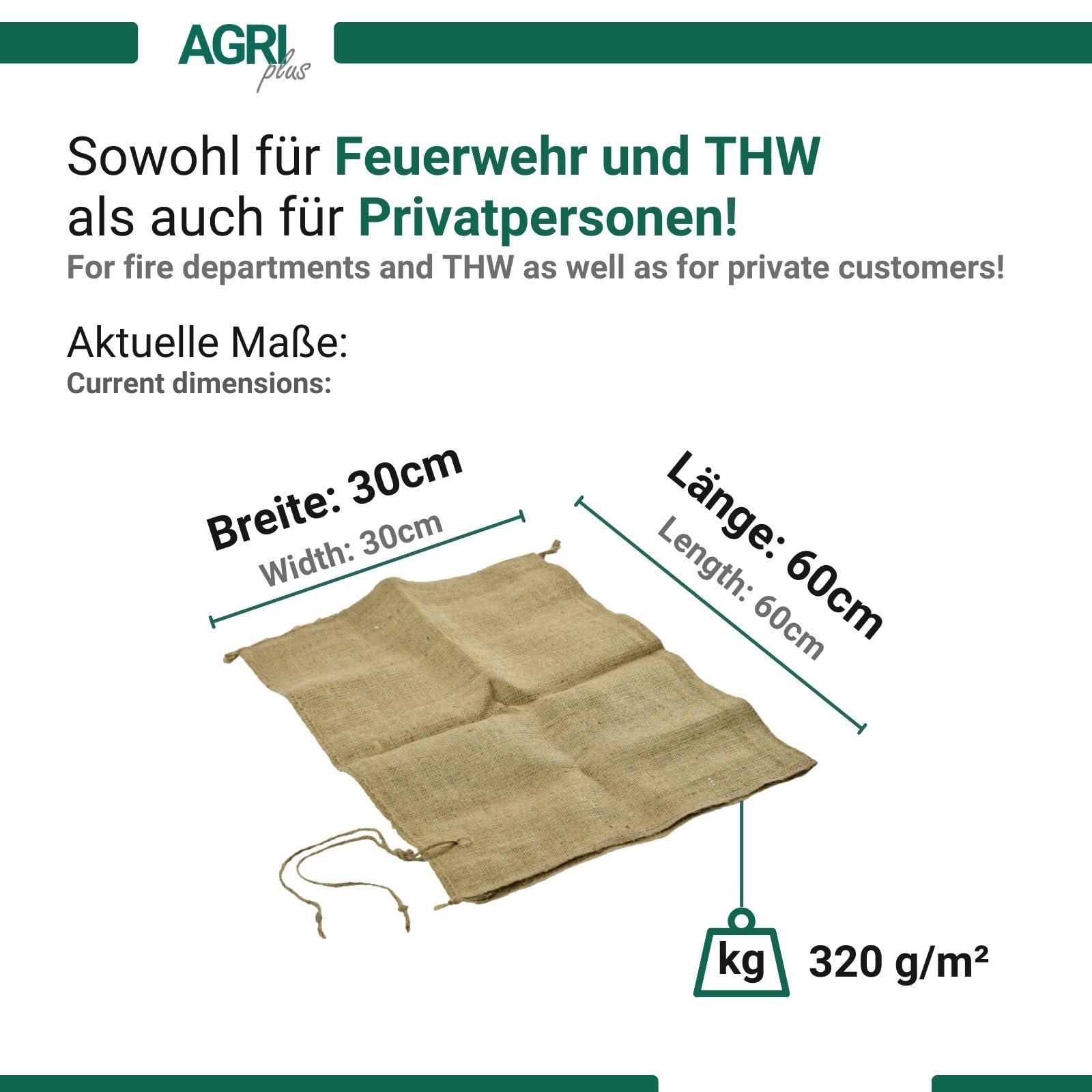 AGRI plus 10 Stück Hochwassersäcke unbefüllt I 30 x 60 cm I nachhaltige Hochwasserbarriere-Säcke aus Jute I Flutschutzsäcke mit Bindeband I stabile Sandsäcke mit Fassungsvermögen bis 20kg