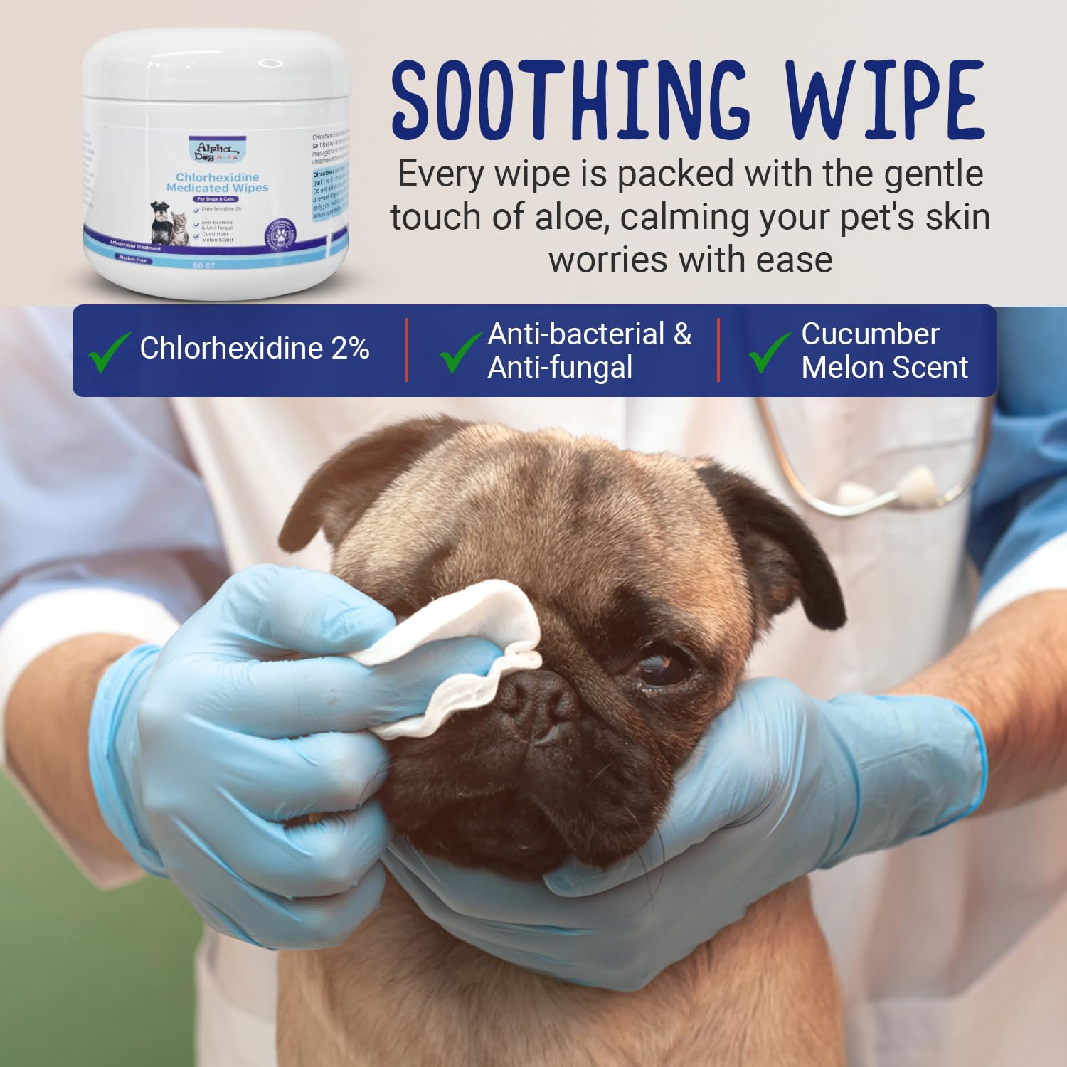 ALPHA DOG SERIES Chlorhexidine & Aloe Topical Medicated Wipes for Cleansing (50 ct) – Treats Hot Spots, Allergies, Rashes – Lightly Scented – for Cats & Dogs - image 5