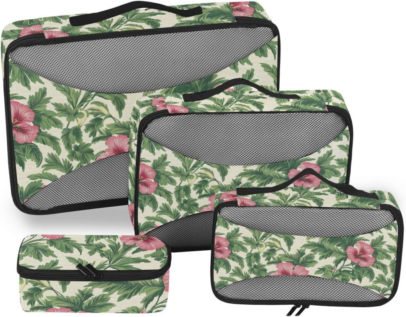 Tropical Flowers Red 4 Pcs set organizers for travel Mesh Travel Essentials portable packing cubes compression
