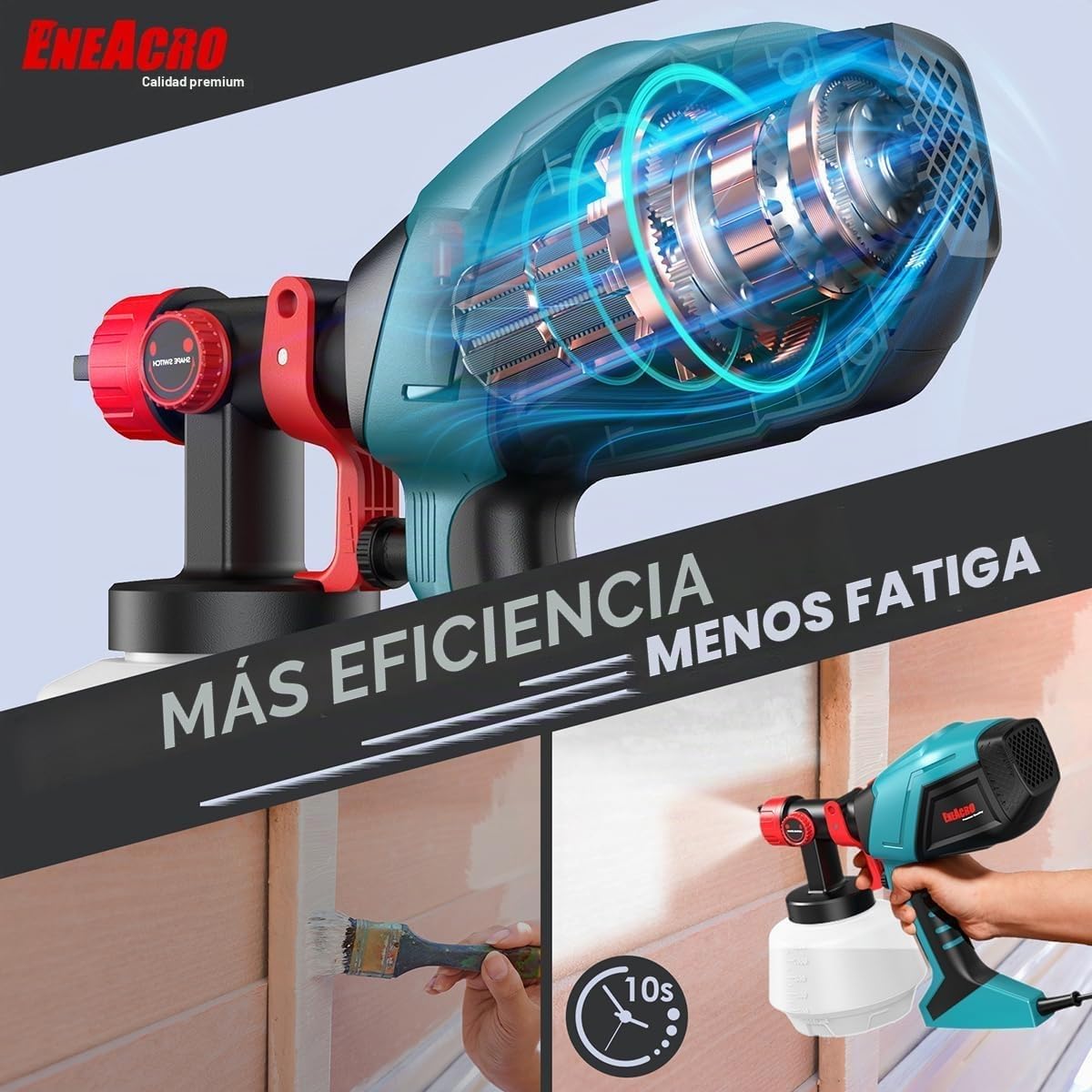 ENEACRO HVLP Pistola de Pintura, 720W Pulverizador Eléctrico con Contenedor de 1200ml, Flujo y Ángulo de Rociado Ajustables, 5 Boquillas de Latón para Interiores y Exteriores