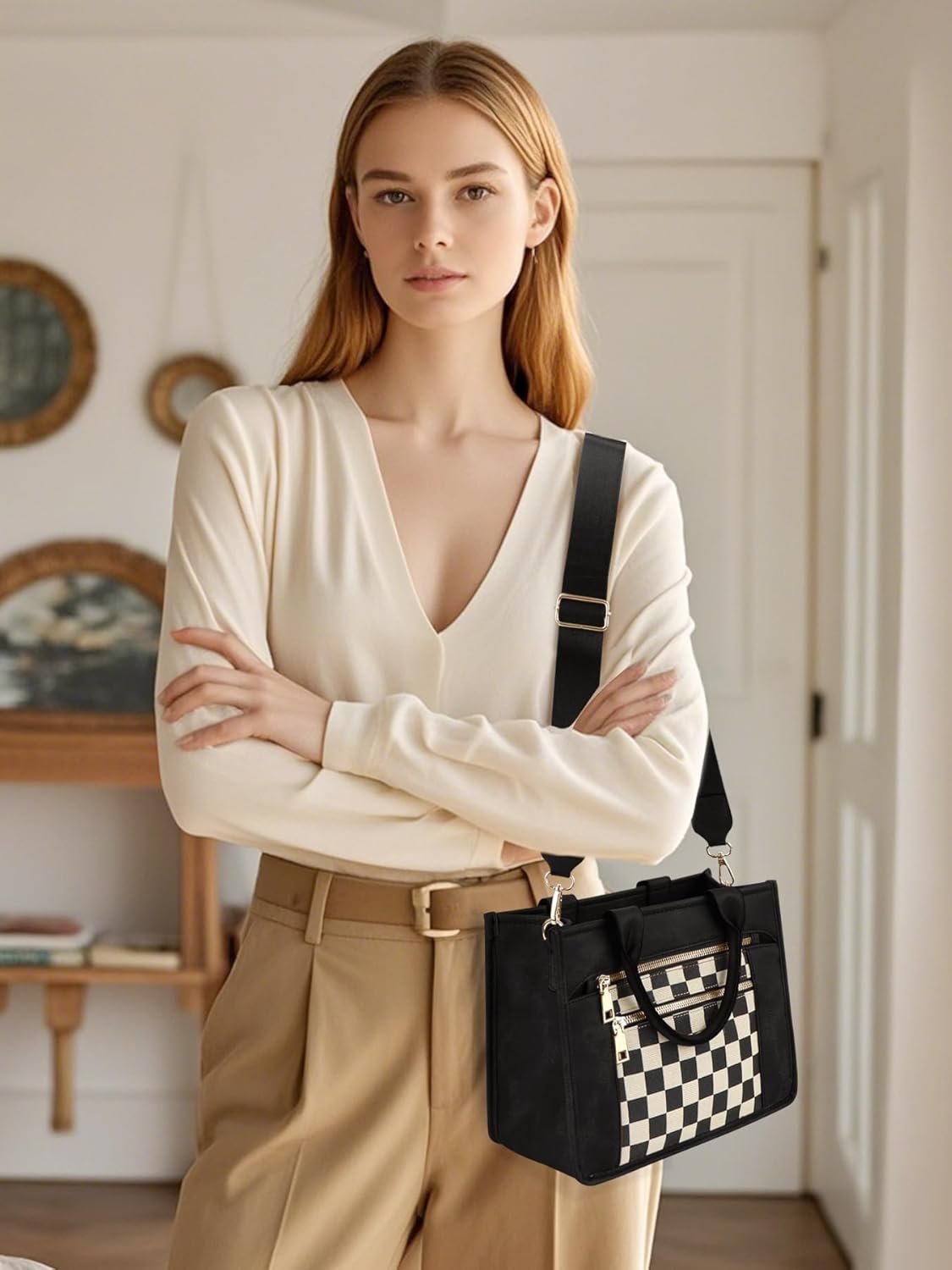 Checkered Tote Bag for Women - Plaid Handbag Checkerboard Crossbody Shoulder Bag Trendy Checkered Tote Purse - Image 2