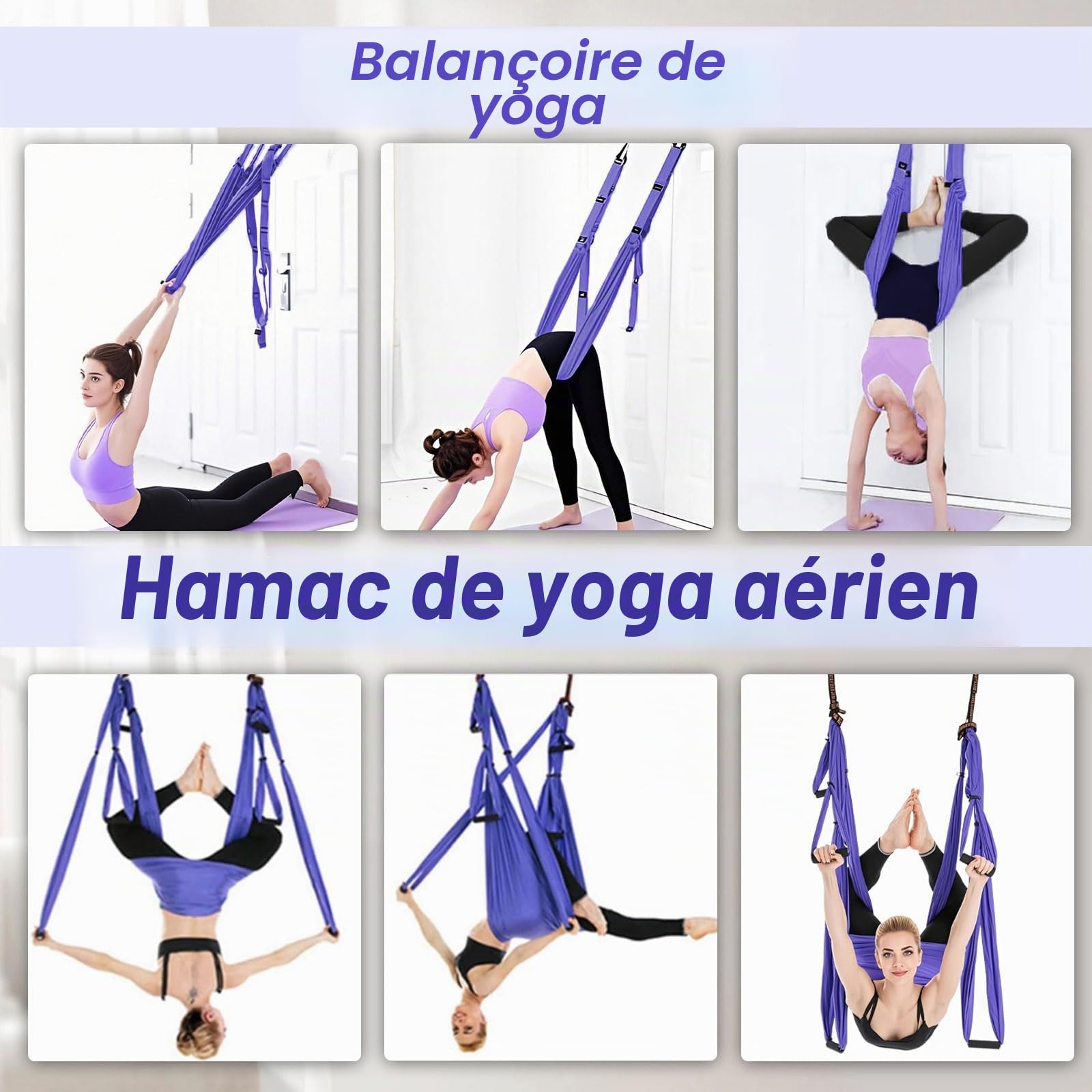 Hamac de Yoga Aérien, Anti-Gravité Sangle de Yoga Aérien avec poignées détachables Bande d'exercice pour yoga Bande Extensible pour Jambes, Ballet, Pilates, Gymnastique