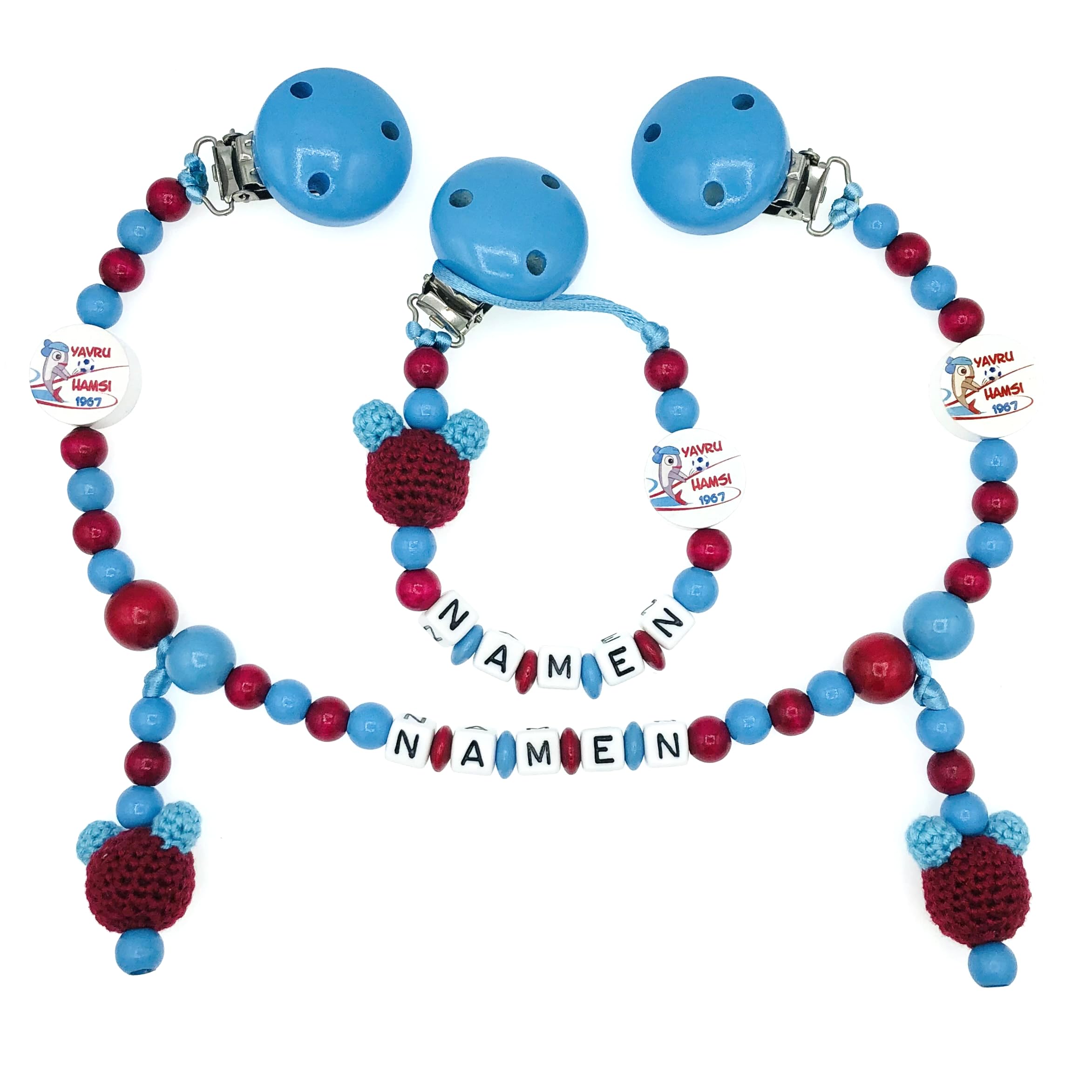 Set Nuckelkette + Kinderwagenkette mit Namen " für TRABZONSPOR Fan - YAVRU HAMSI - MAUS " Skyblau Bordeauxrot/Baby/Unisex/Personalisiert/HANDMADE