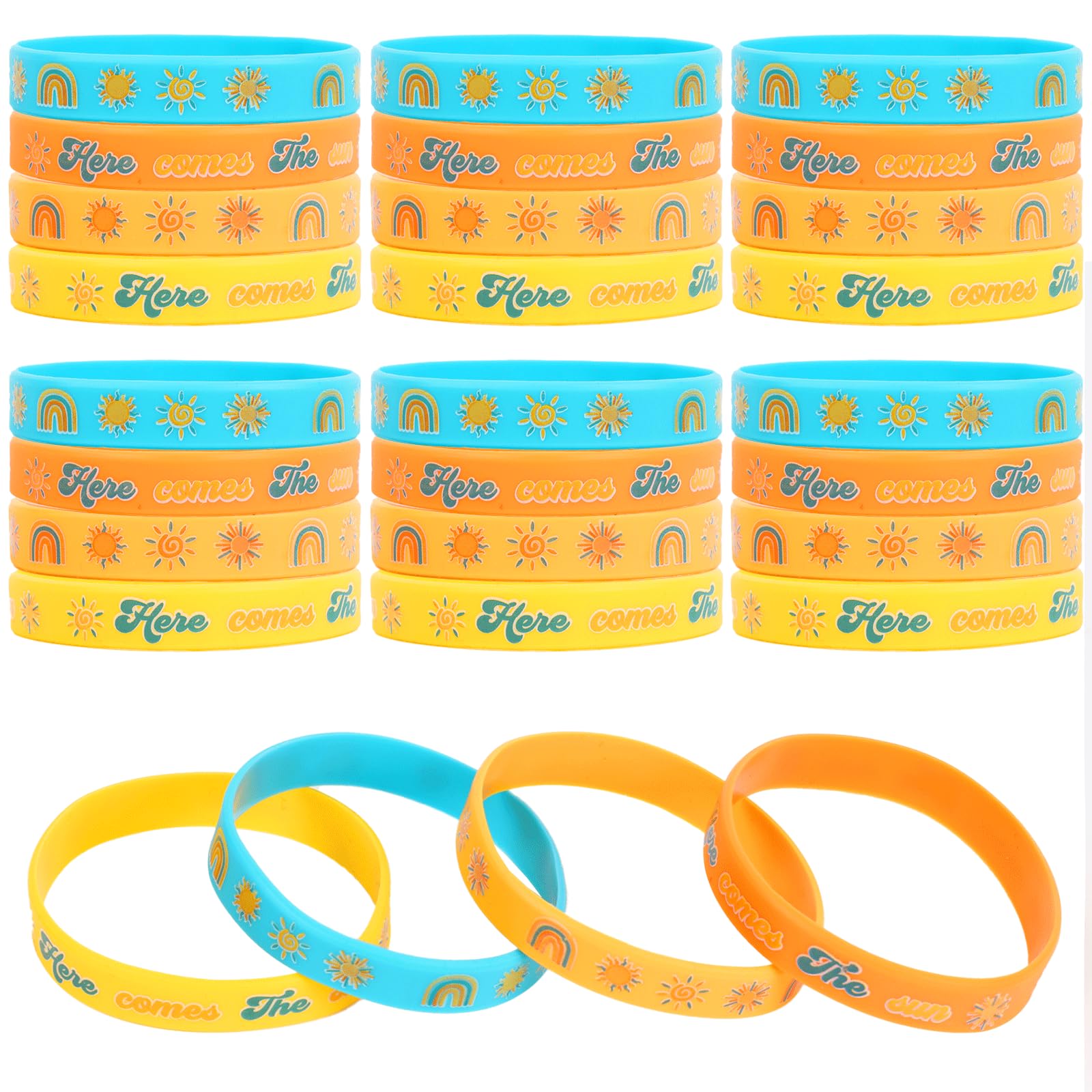 Here Comes the Sun Bracelet, 24pcs Boho Sun and Rainbow Silicone Bracelets Blue Boho Rainbow Groovy Sun Wristbands for Hippie Groovy Boho Sun Party Favors Sunshine Birthday Decorations