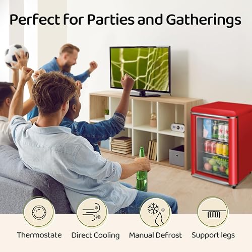 Miniatura 5 de Refrigerador retro de 3.4 pies cúbicos para bebidas pequeñas con puerta de vidrio templado doble, 120 latas de vino y cerveza, mini refrigerador