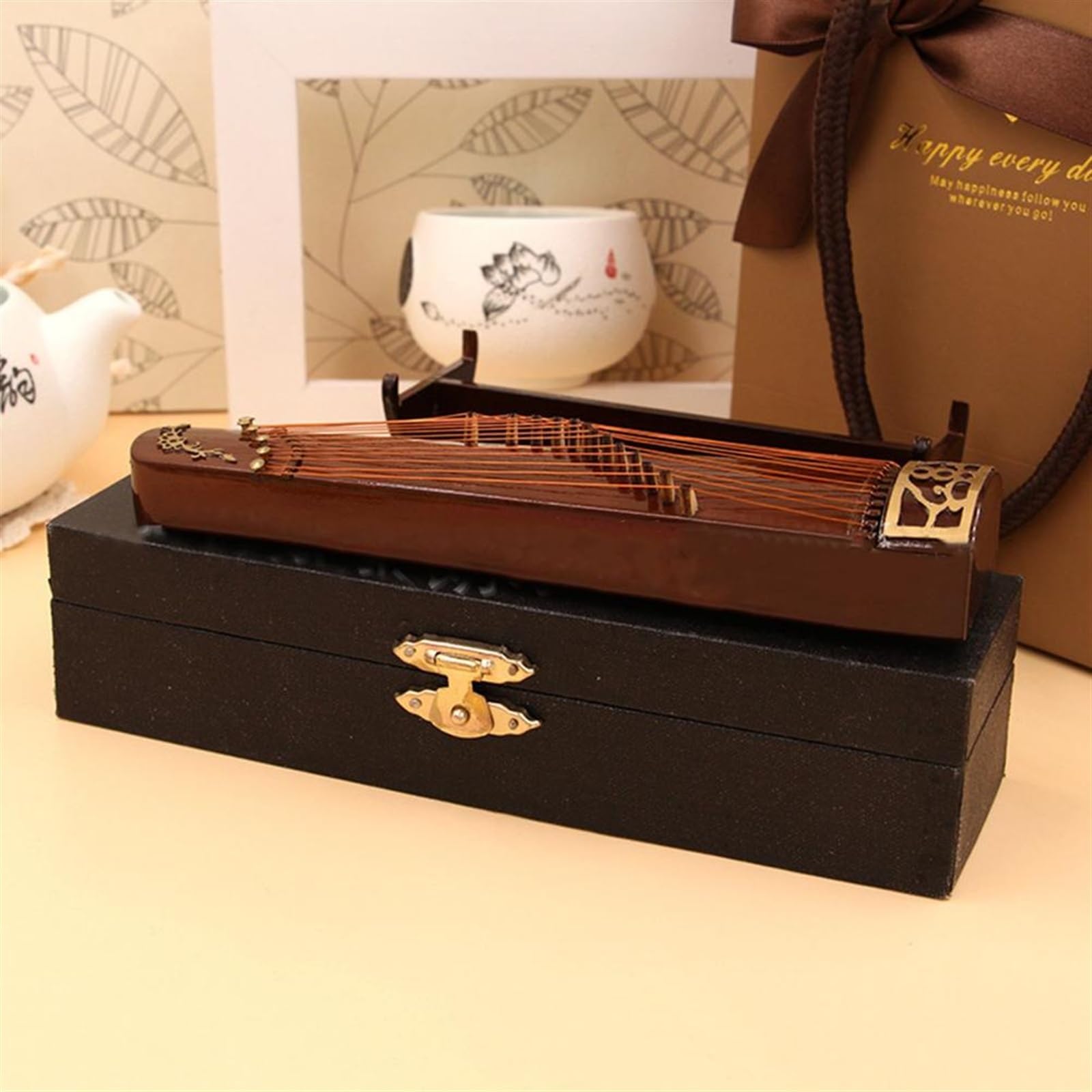 instrument muzyczny dekoracja do domu Mini Guzheng Ornament Drewniany Guzheng Model Domek Dla Lalek Scena Dekoracja Instrumentu Muzycznego (Color : 25cm)