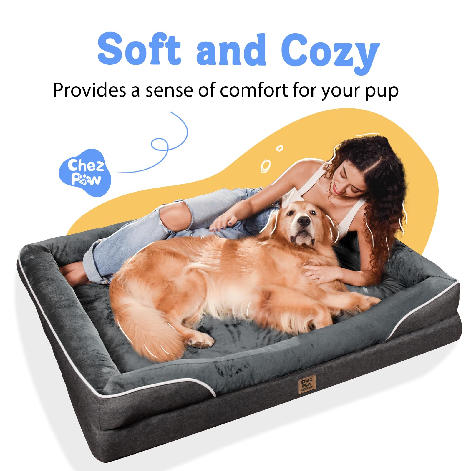 Washable Orthopedic Large Dog Bed - Dog Beds Large Sized Dogs with Removable Cover Waterproof Pet Bed with Bolster for Extra Large Pet - image 5
