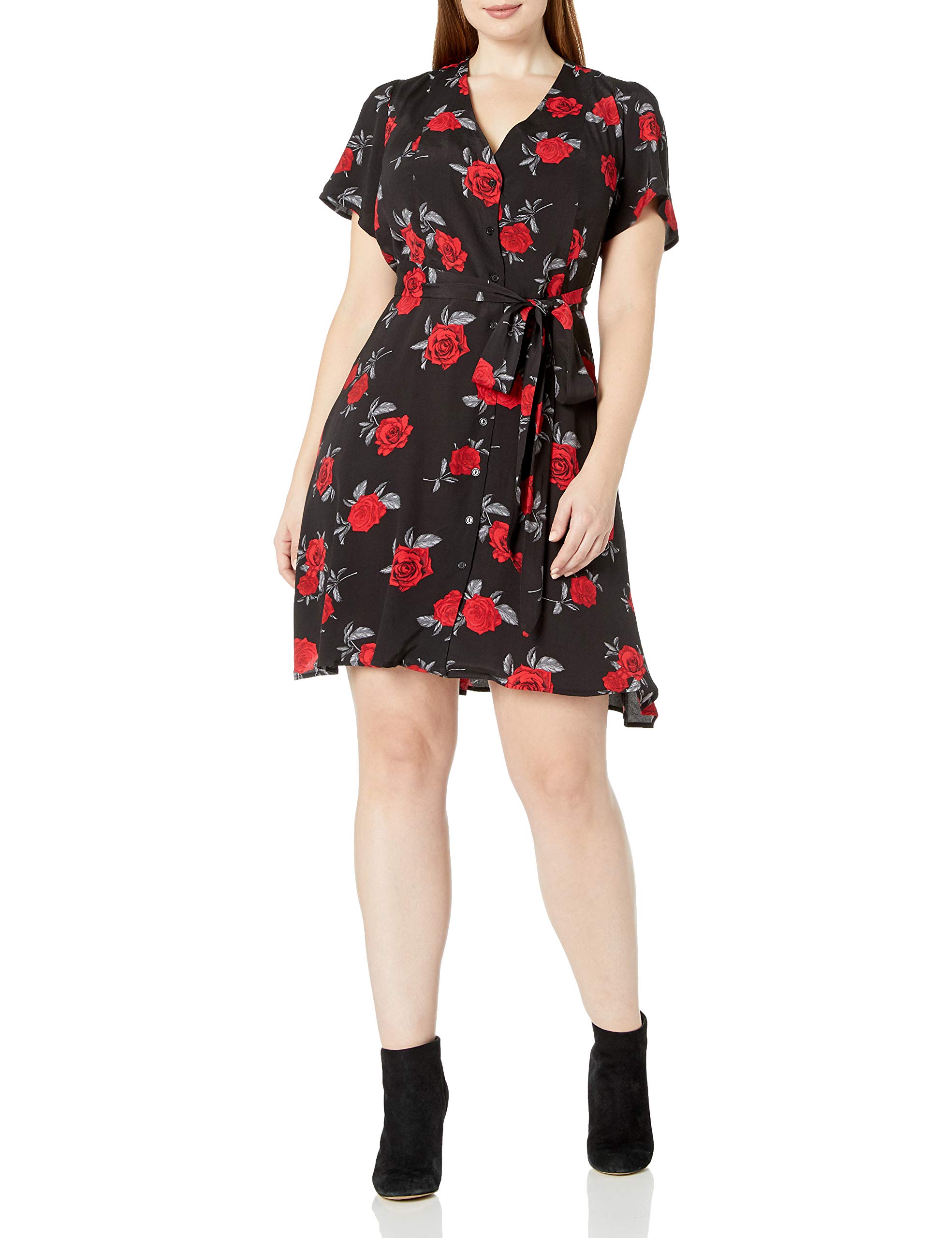 Women's Plus Size Floral Dress with Button Front Opening and Tie Belt
