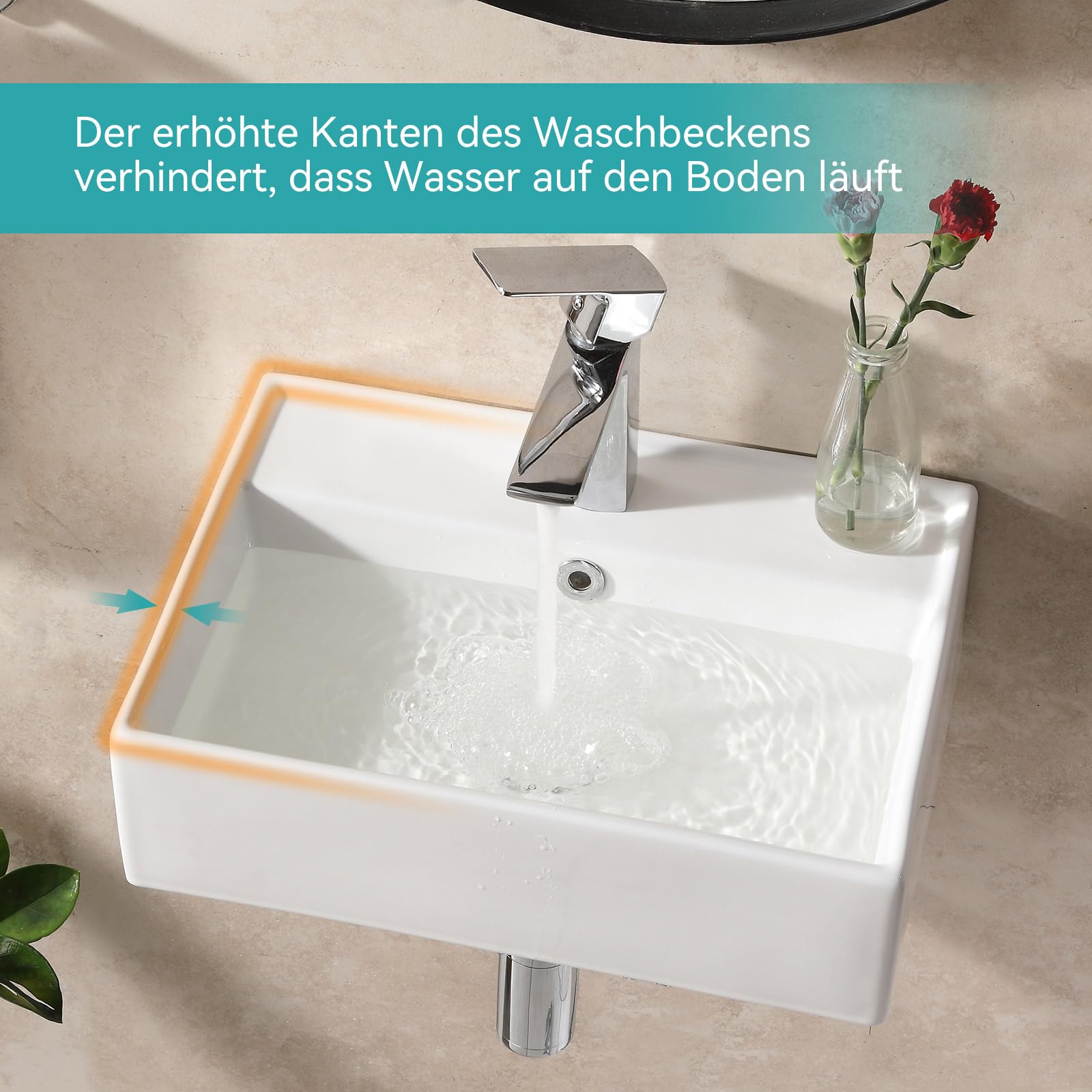 Waschbecken 45 cm Breit Eckig, Aufsatzwaschbecken mit Überlauf, Kleine Waschbecken Gäste WC, Hängewaschbecken Bad aus keramik in Weiß, Mini Waschtisch mit Rand