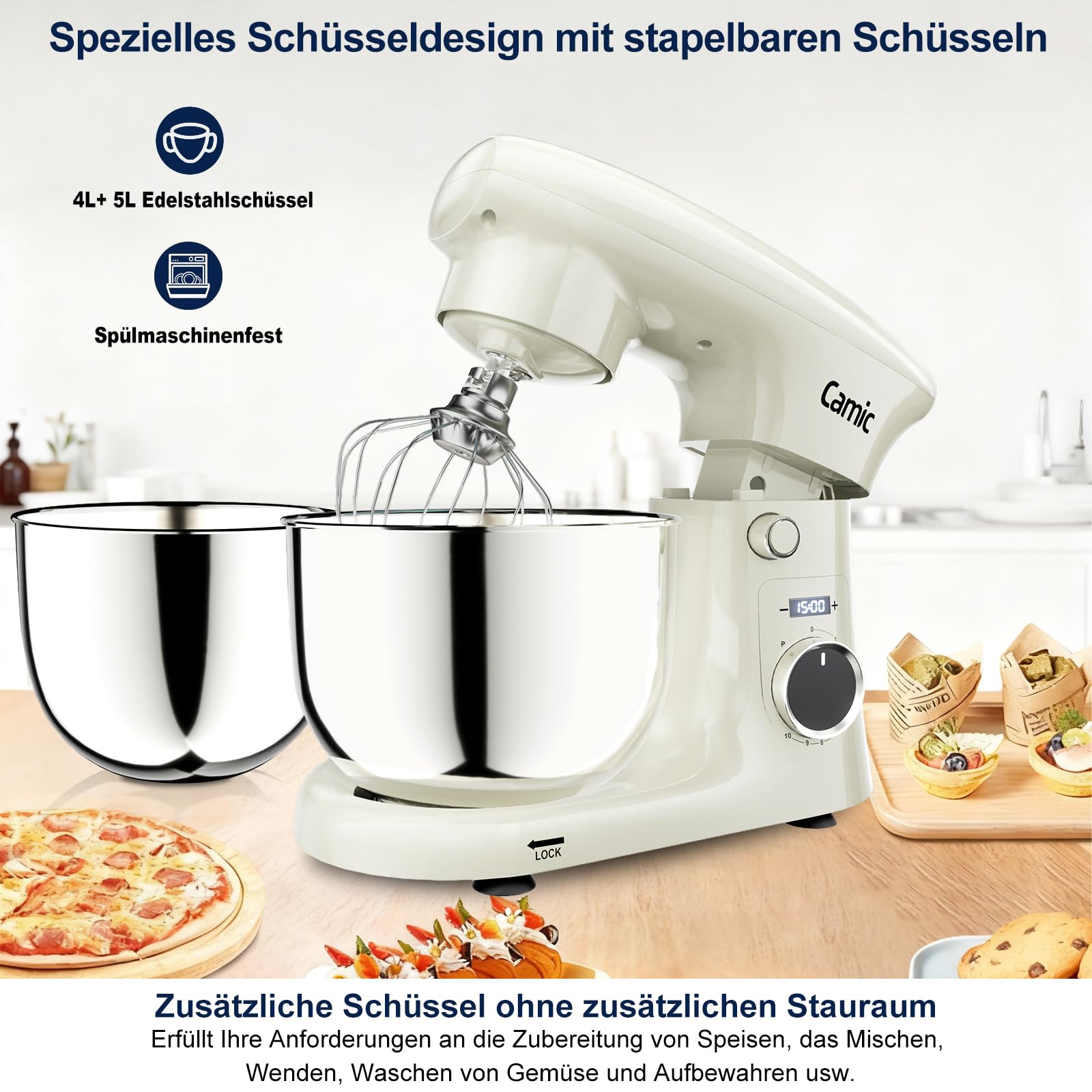 Camic Küchenmaschine mit LED-Display, Zeit Einstellen, Knetmaschine mit Rührhaken, Knethaken, Schlagbesen, 10 Stufen, 2 Edelstahlschüsseln 4L+5L, für Teig, Brot, Pizza, Kuchen (White)