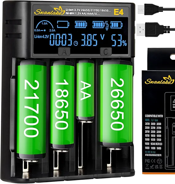 18650 Battery Charger,Smart Lithium Fast Charge with LCD Display for 3.7v Li-ion Battery 18650 26650 21700 17500 14500 RC123A,1.2v NiMH AA AAA Batteries