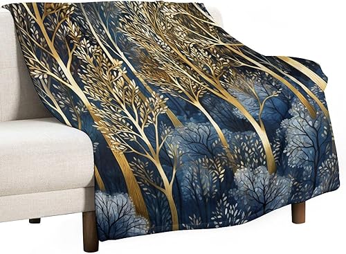 Manta de invierno con diseño de bosque, azul y dorado, para cama, Navidad, manta de microfibra suave y acogedora para sofá, cama para adultos, 60 x