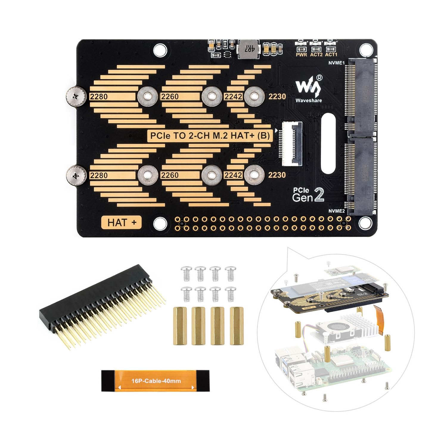 PCIe to 2-CH M.2 HAT+ Adapter Type B Compatible with Raspberry Pi 5, Support 2280/2260 / 2242/2230 Size NVMe Protocol M.2 SS Solid State Drive High-Speed Reading/Writing NVMe HAT