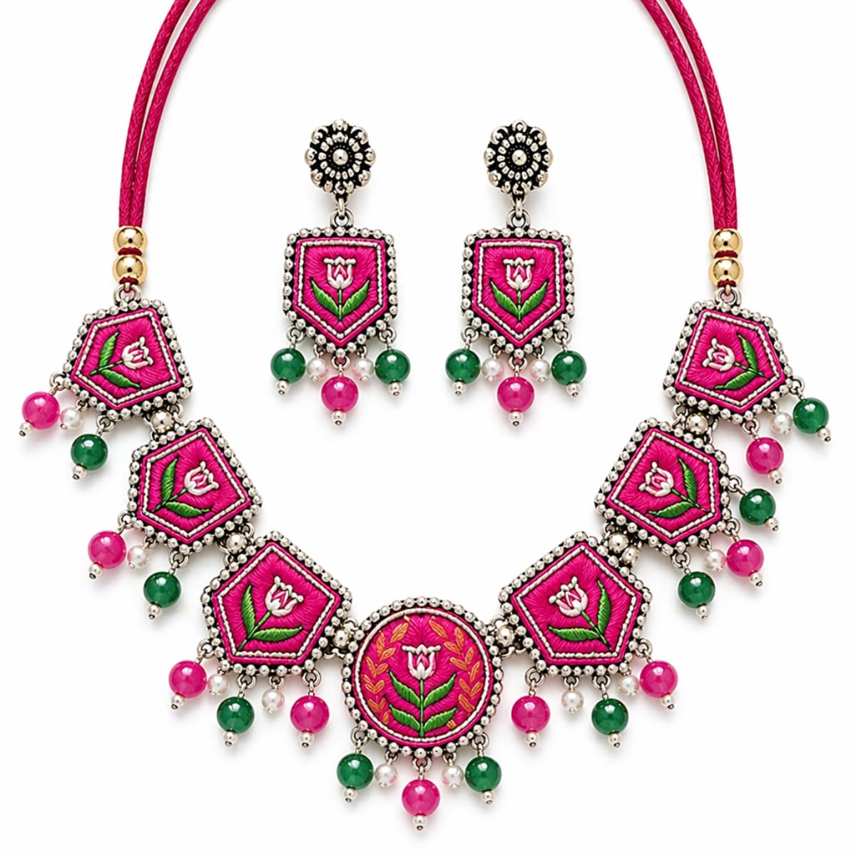 Jewellery Acacia Bohemian Dark Pink Handmade & Hand Painted Choker Necklace Set for Girls & Women (KHJ-AMZ-NP-195)-image-14