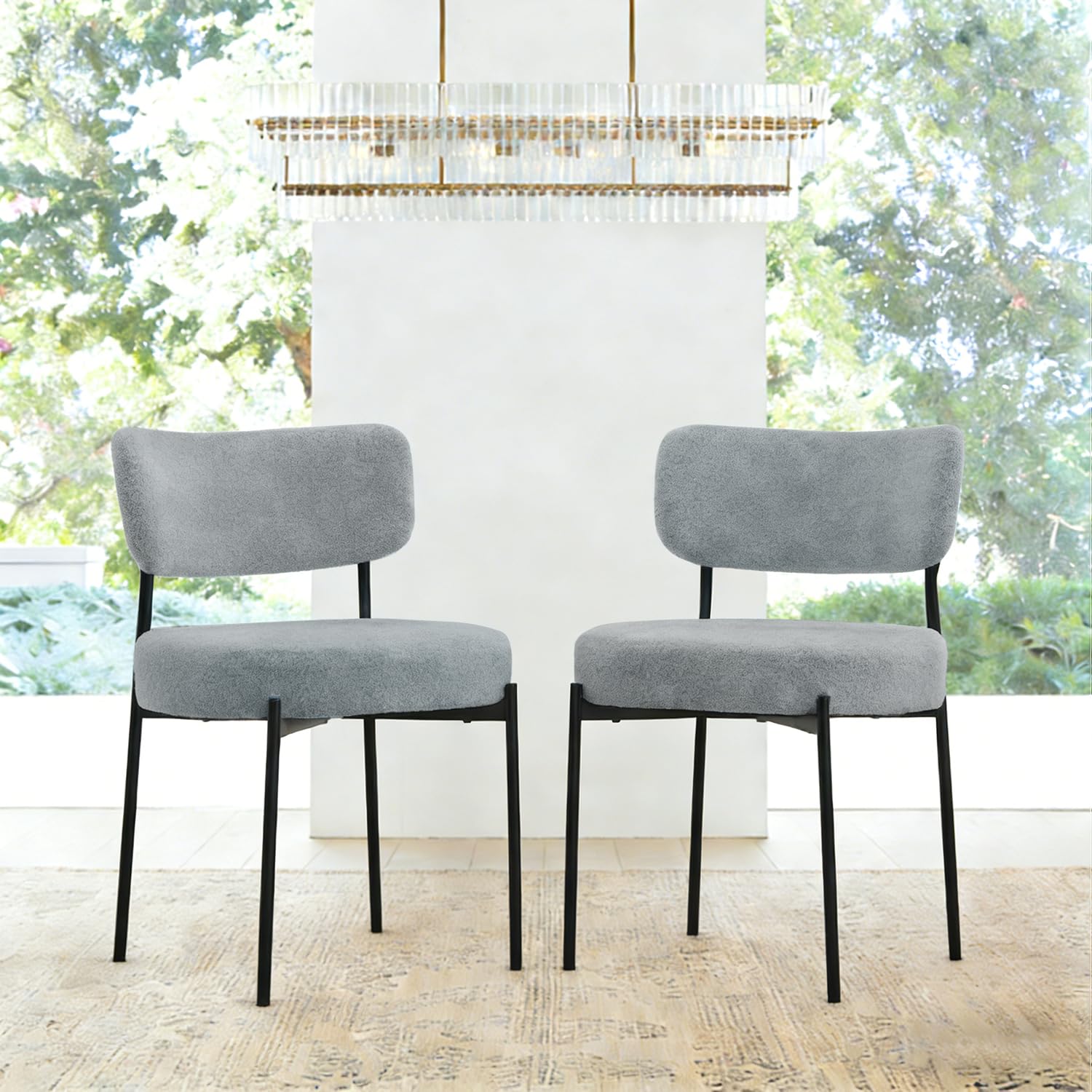 Puntogen Grey Boucle Dining Chairs Set of 2, Mid Century Modern Dining Room Chair with Curved Backrest & Metal Legs, Round Upholstered Dining Chairs