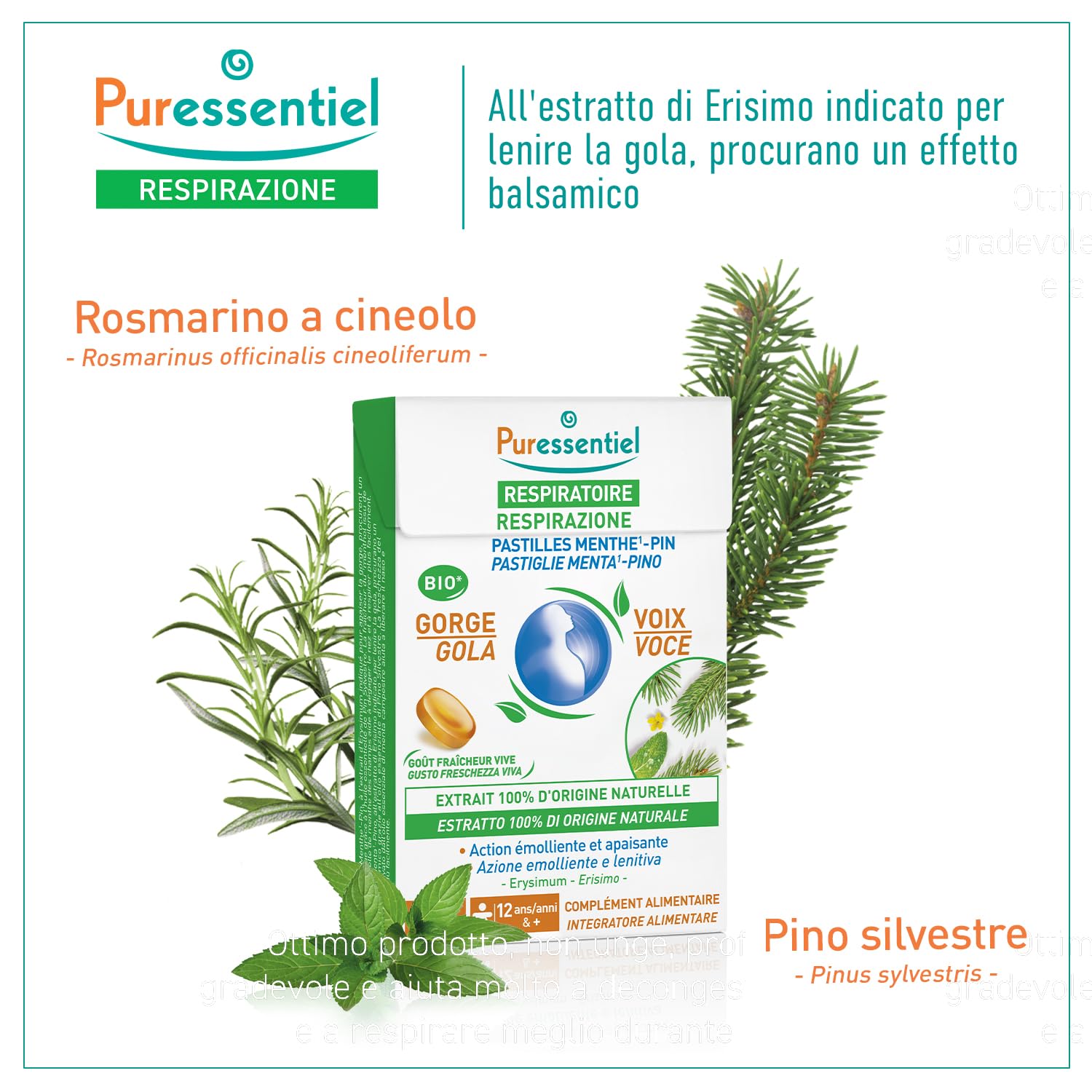 Puressentiel - Respirazione Pastiglie Gola Voce Menta Pino – All'Estratto di Erisimo – Procurano un effeto balsamico – Aiutano a liberare il naso – Dai 12 anni – 20 Pastiglie