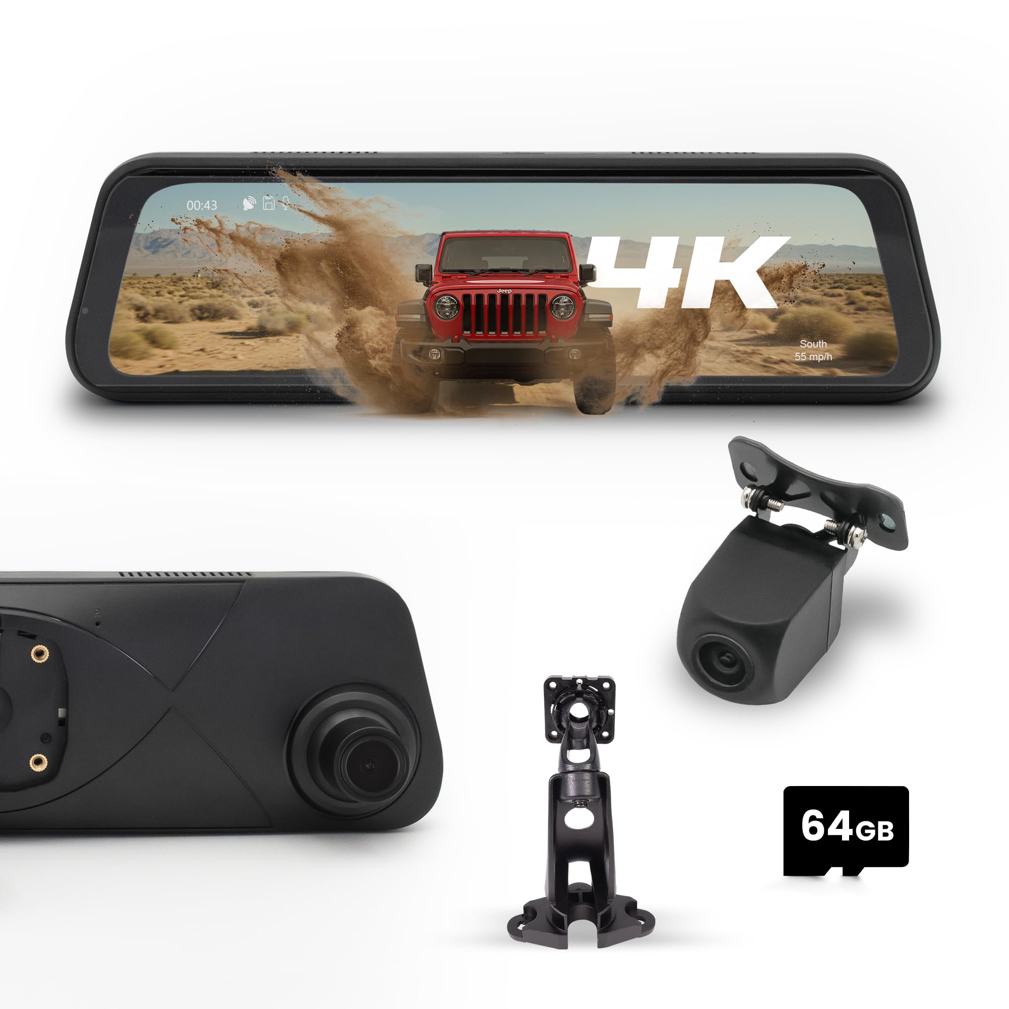 STINGER STR4K 9.66" 4K UHD Rearview DVR Monitor Mirror Camera Front/Rear Dashcam & 2K Backup Cam, OEM Look/Secure Mount, Park Monitor, G-Sensor,