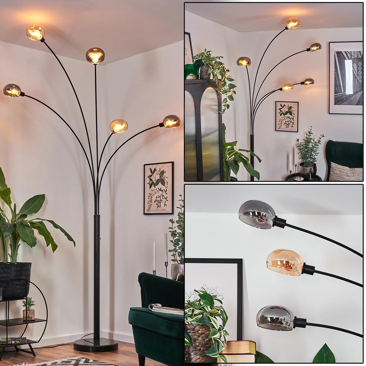 HOFSTEIN Lampadaire Nikkala, lampadaire en métal noir/gris fumé/ambre avec pied en marbre, lampe réglable au design vintage, interrupteur sur le boîtier, 250 cm, E14, salon, chambre à coucher, bureau