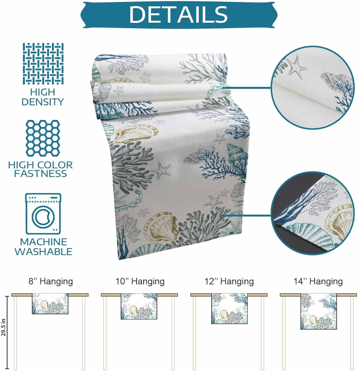 Marine Table Runner,Watercolor Ocean Seaweed Coral Sea Shells Starfish Table Runners White Dresser Scarves for Home Dining Room Kitchen Holiday Party Tables Decor - 13x60in