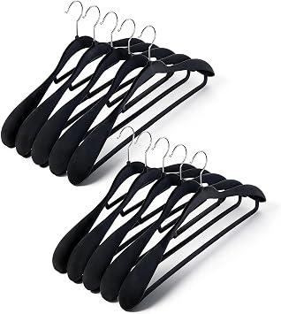 10 Pack Velvet Hangers, Wide Shoulder Heavy Duty Suit Hangers for Men, Non-Slip 360 Metal Swivel Hooks Space-Saving Clothes Hangers for Coat, Pants, Shirts, Skirts, TiesBlack