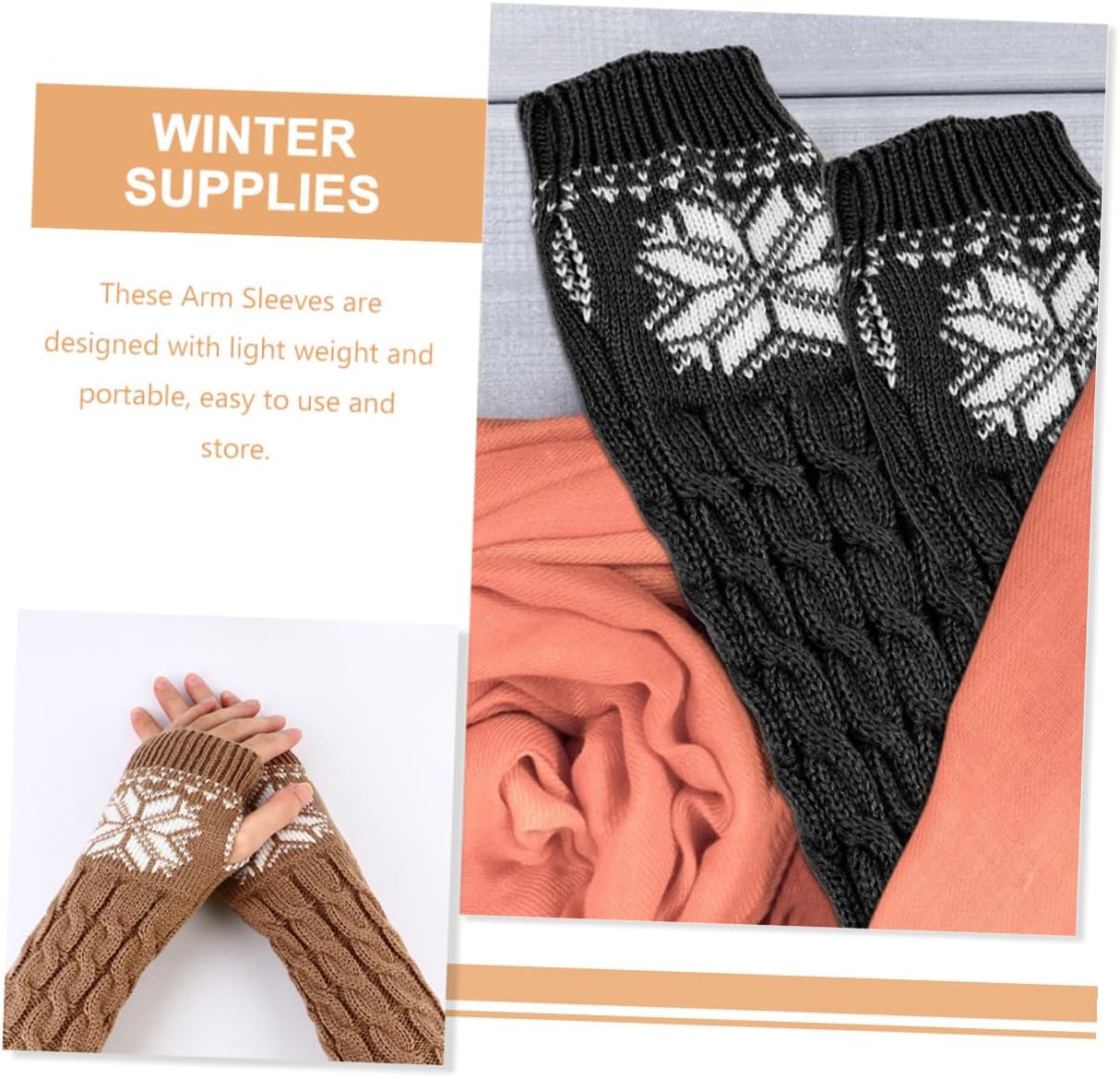 Abaodam 2 Pairs of Skin-friendly Black Jacquard Long Winter Arm Warmers, Knitted Fingerless Gloves for Women, Lightweight Portable Arm Covers for Cold Weather and Christmas