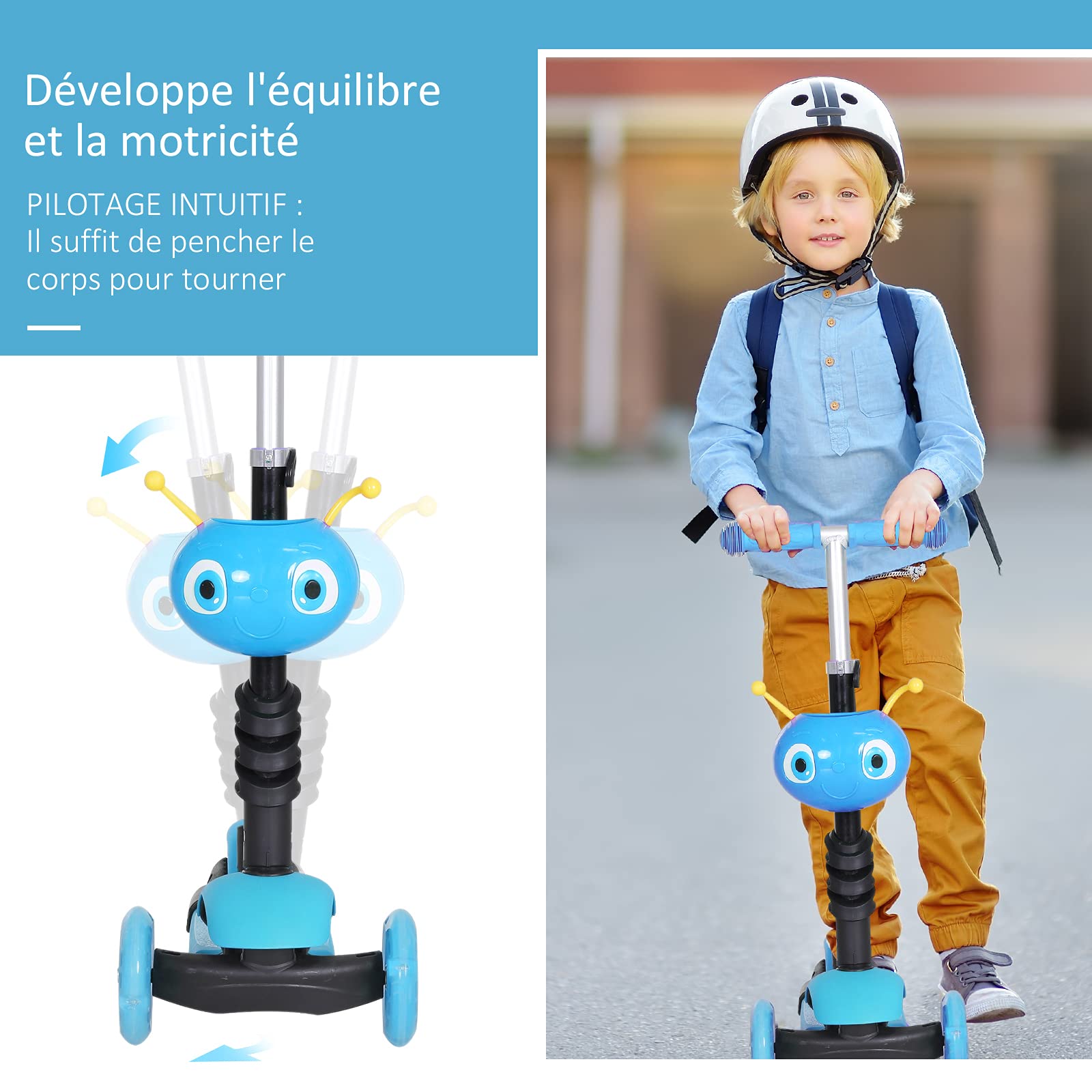 HOMCOM 3 en 1 Trottinette pour Enfants Trottinette 3 Roues évolutive Hauteur Guidon réglable Charge Max. 50 Kg Canne télescopique Selle Dossier Amovible